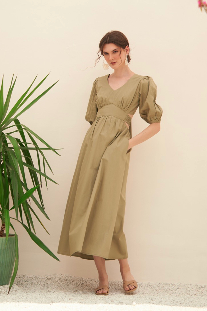 MALIBU LIGHT OLIVE COTTON POPLIN SUMMER MIDI LENGTH DRESS WITH BACK NECK CUT ELBOW LENGTH SLEEVES