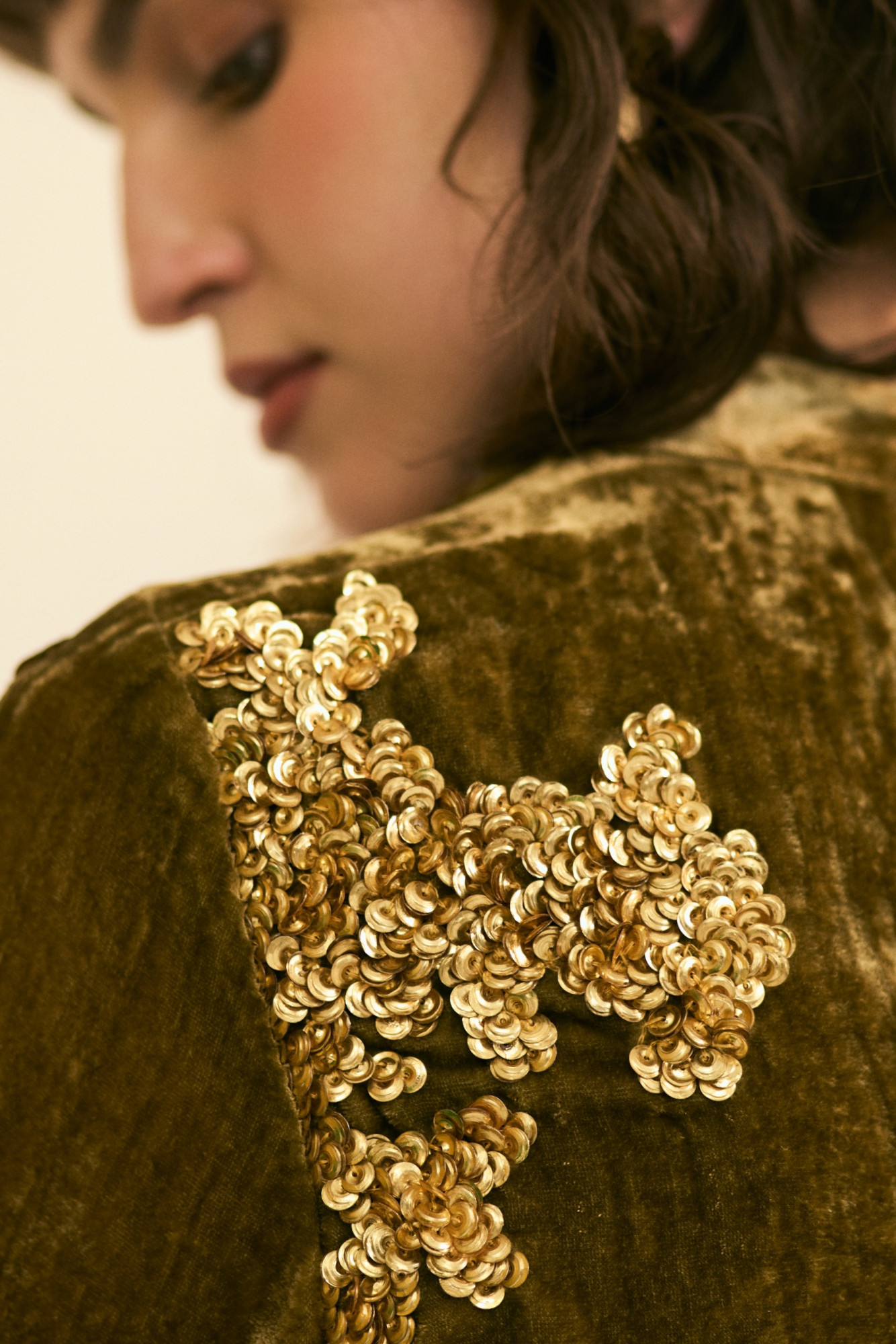 NOMADS OLIVE VELVET PARTY DRESS WITH GLIMMER OF GOLD