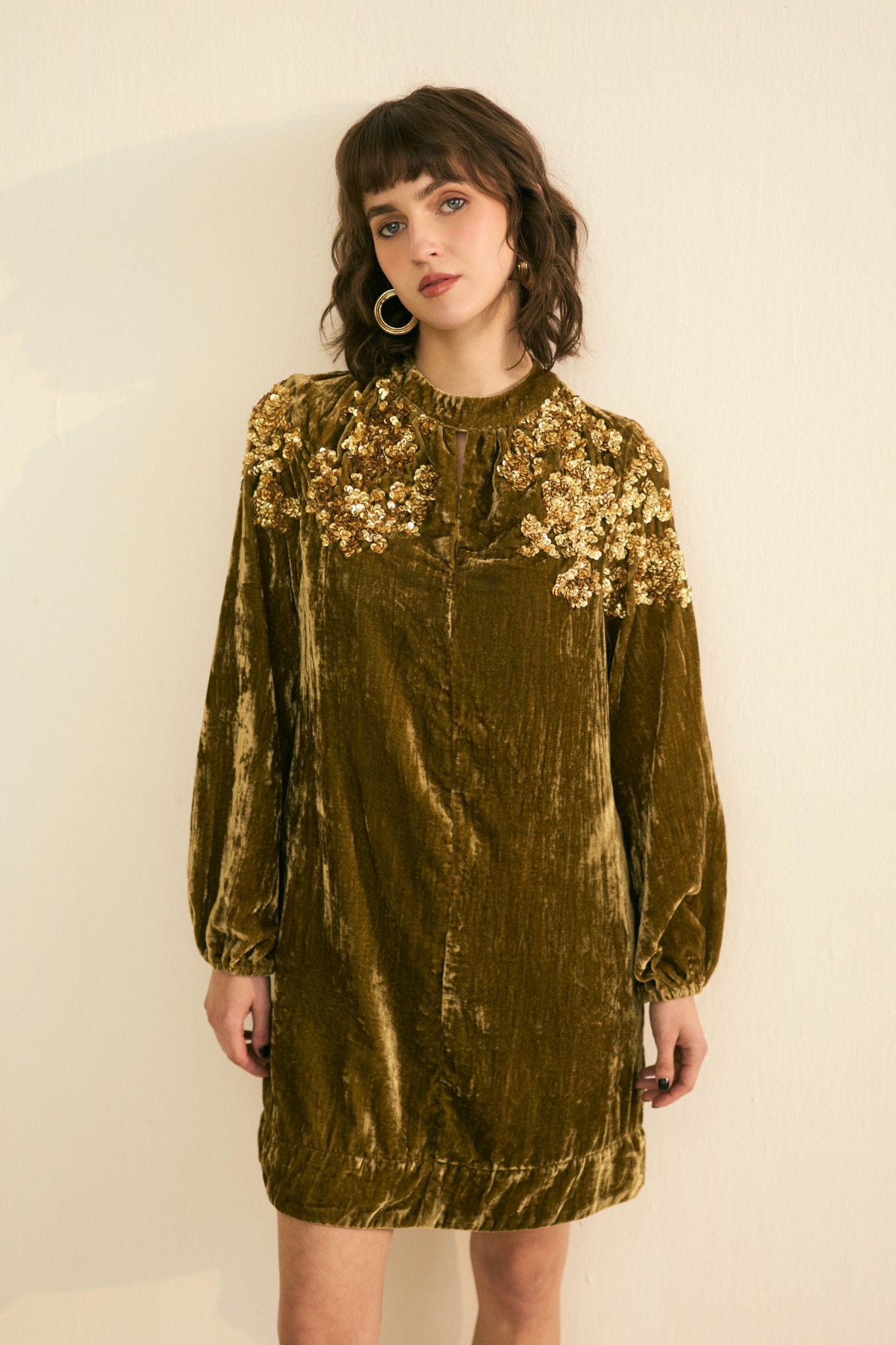 NOMADS OLIVE VELVET PARTY DRESS WITH GLIMMER OF GOLD