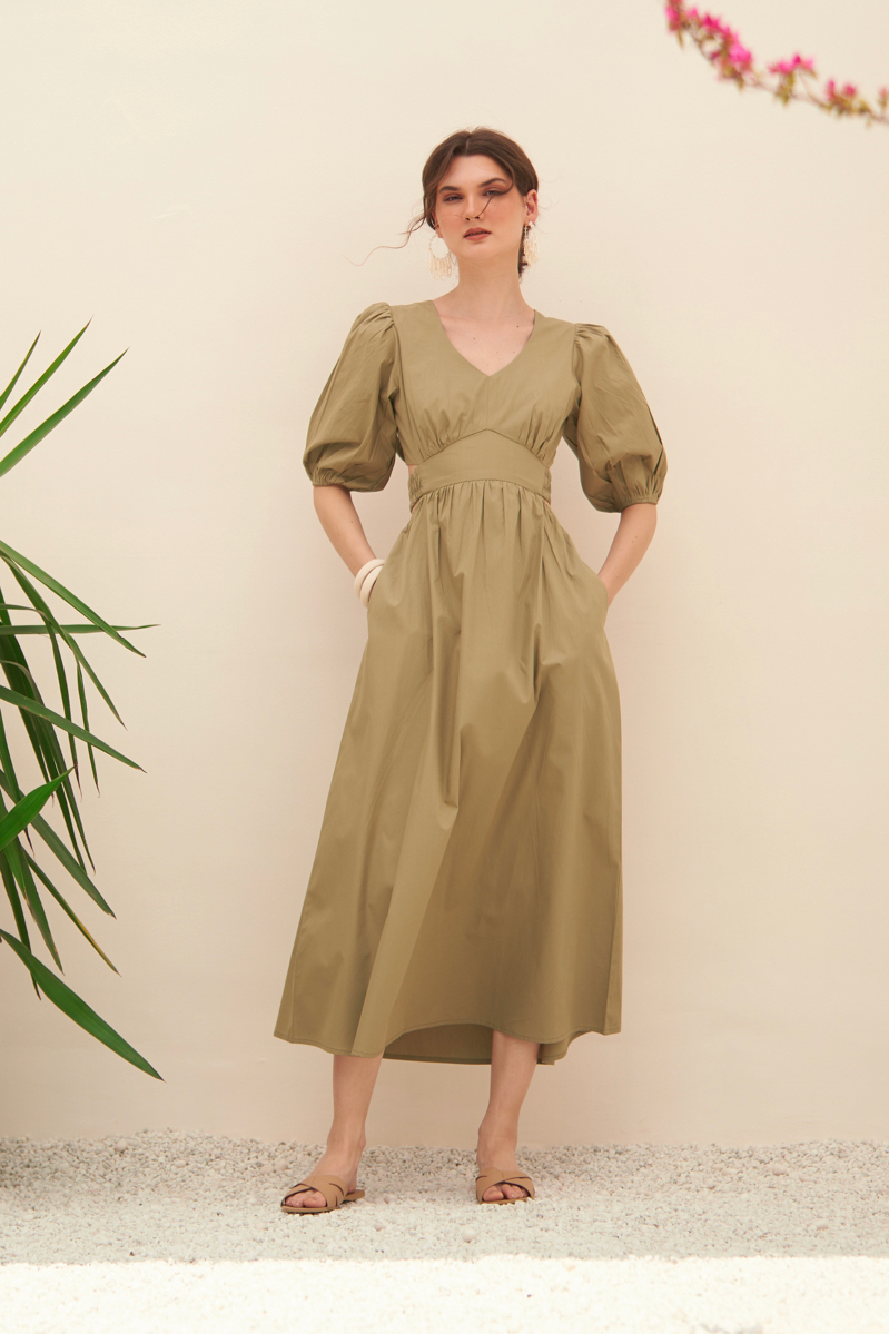 MALIBU LIGHT OLIVE COTTON POPLIN SUMMER MIDI LENGTH DRESS WITH BACK NECK CUT ELBOW LENGTH SLEEVES