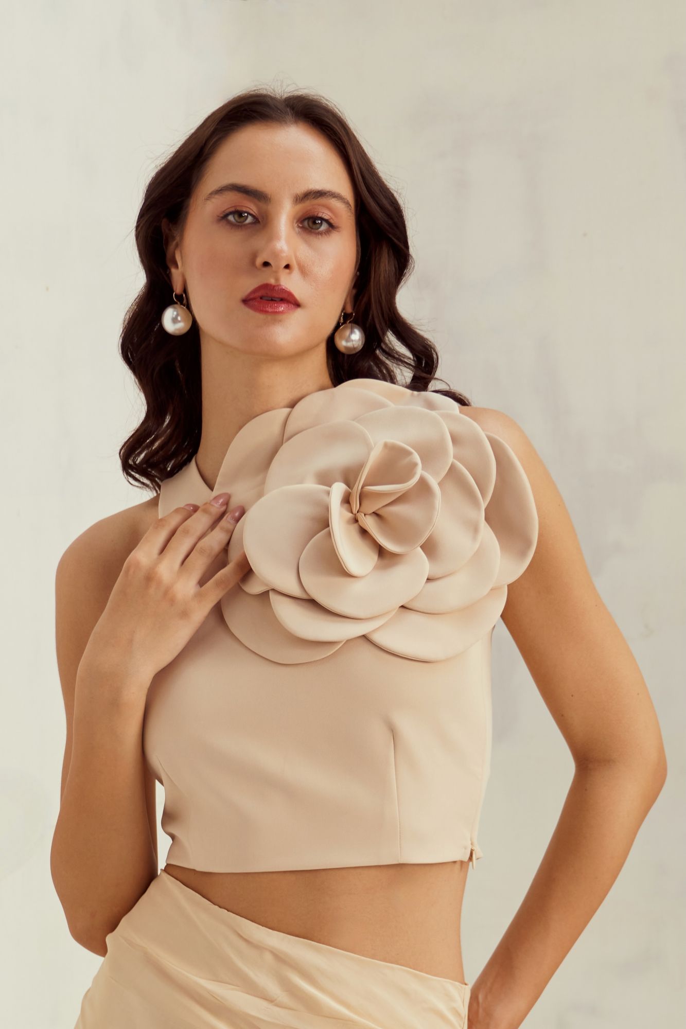 MALIBU-02 LIGHT BEIGE COLOR FLOWER DETAIL CROP TOP AND MIDI LENGTH FRILL SKIRT CO-ORD SET