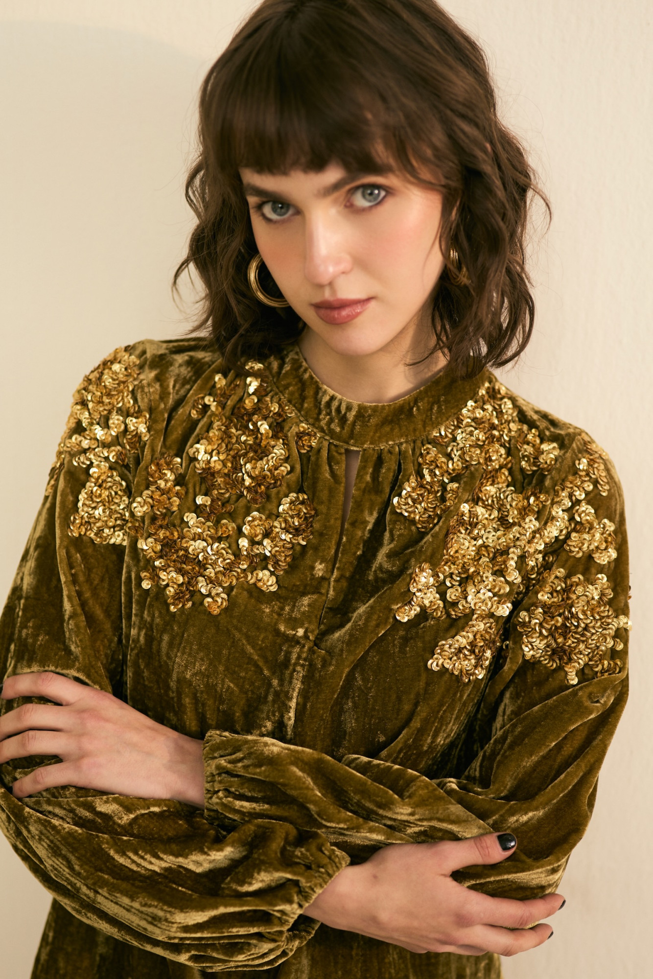 NOMADS OLIVE VELVET PARTY DRESS WITH GLIMMER OF GOLD