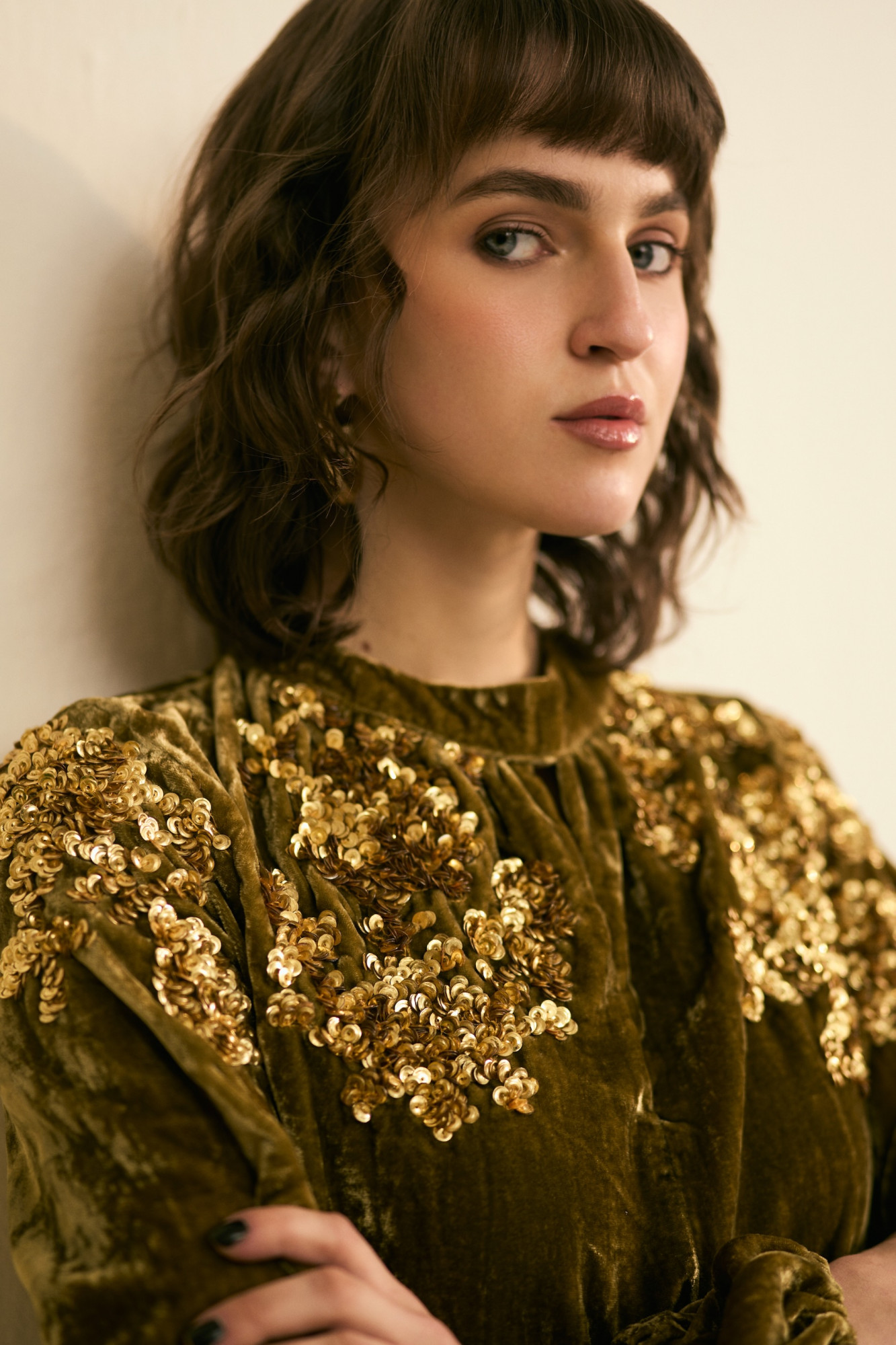 NOMADS OLIVE VELVET PARTY DRESS WITH GLIMMER OF GOLD