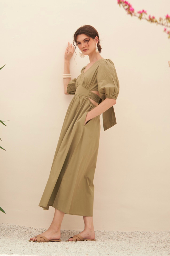 MALIBU LIGHT OLIVE COTTON POPLIN SUMMER MIDI LENGTH DRESS WITH BACK NECK CUT ELBOW LENGTH SLEEVES