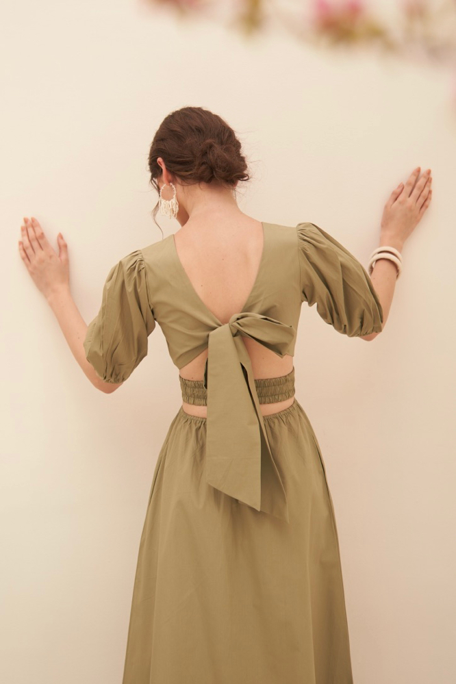 MALIBU LIGHT OLIVE COTTON POPLIN SUMMER MIDI LENGTH DRESS WITH BACK NECK CUT ELBOW LENGTH SLEEVES
