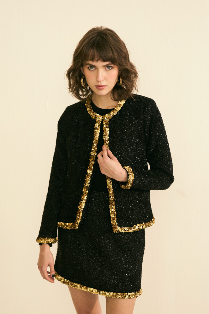 Image of SYLVIE BLACK LUMINOUS TWEED JACKET AND SKIRT CO-ORD SET WITH GOLD SEQUIN