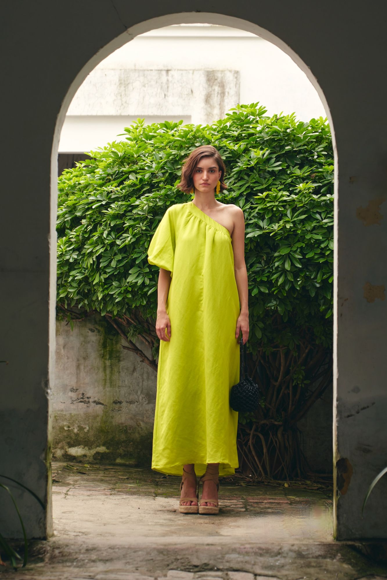 FLORENTINA LIME GREEN COLOR LINEN FABRIC MIDI LENGTH ONE SIDE