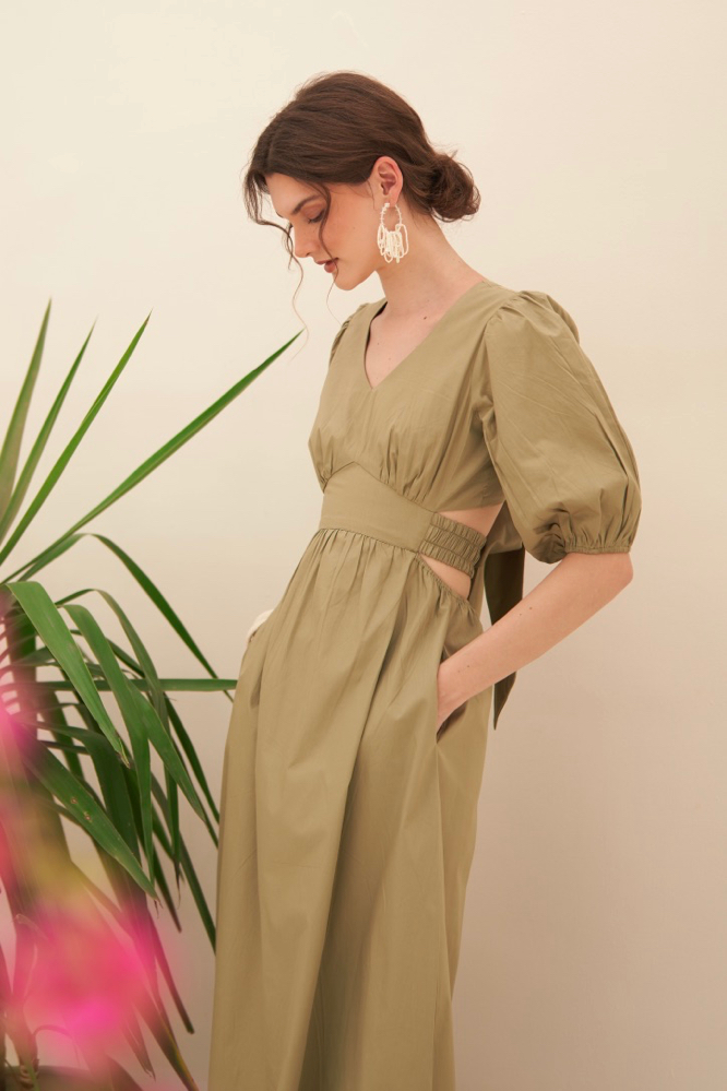 MALIBU LIGHT OLIVE COTTON POPLIN SUMMER MIDI LENGTH DRESS WITH BACK NECK CUT ELBOW LENGTH SLEEVES
