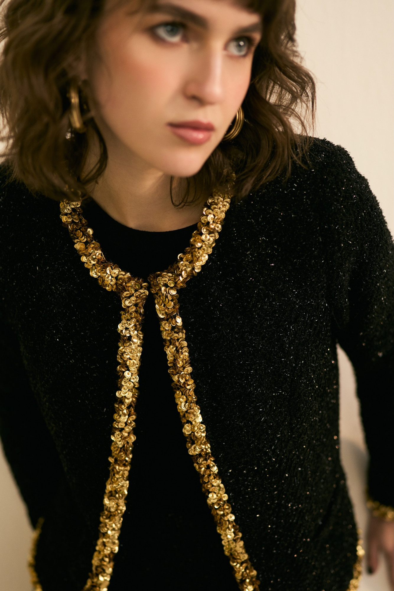 SYLVIE BLACK LUMINOUS TWEED JACKET AND SKIRT CO-ORD SET WITH GOLD SEQUIN