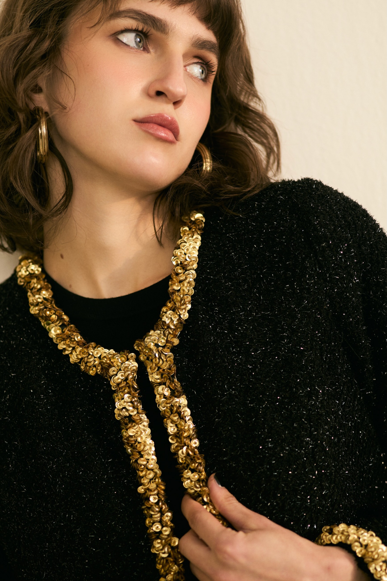 SYLVIE BLACK LUMINOUS TWEED JACKET AND SKIRT CO-ORD SET WITH GOLD SEQUIN