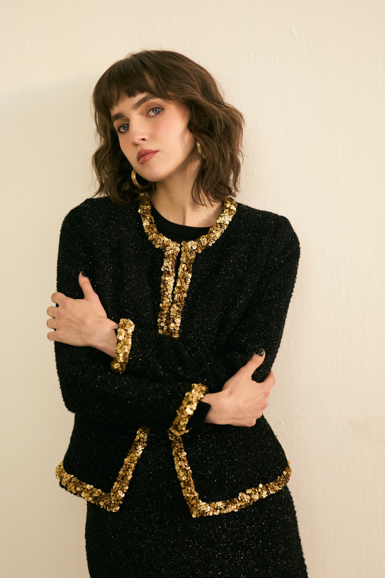 SYLVIE BLACK LUMINOUS TWEED JACKET AND SKIRT CO-ORD SET WITH GOLD SEQUIN