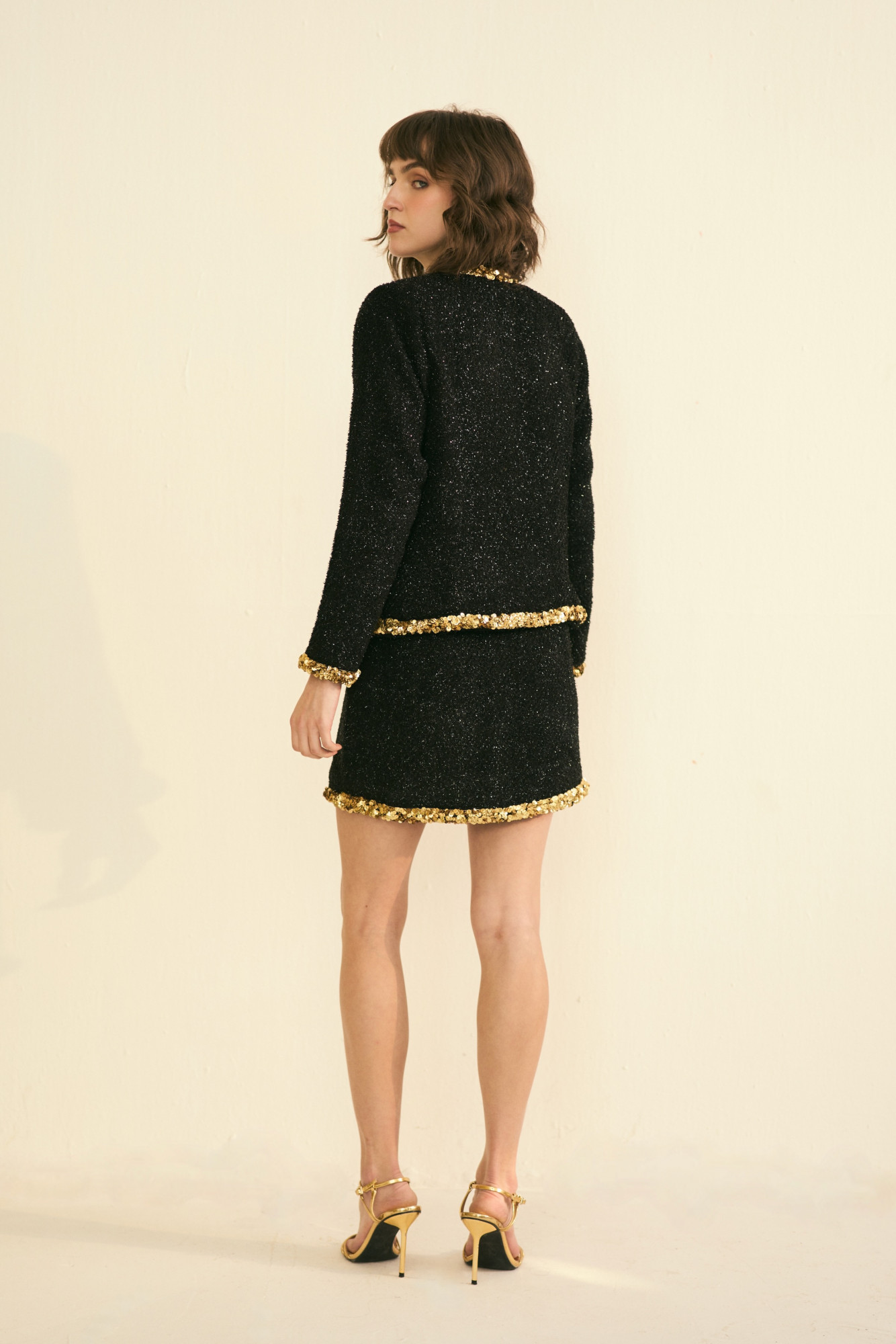 SYLVIE BLACK LUMINOUS TWEED JACKET AND SKIRT CO-ORD SET WITH GOLD SEQUIN