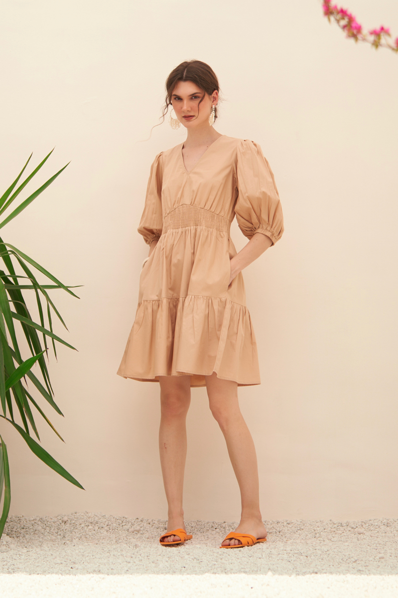 MALIBU LIGHT BROWN COTTON POPLIN KNEE LENGTH TIER SUMMER DRESS WITH ELBOW LENGTH SLEEVES AND POCKET
