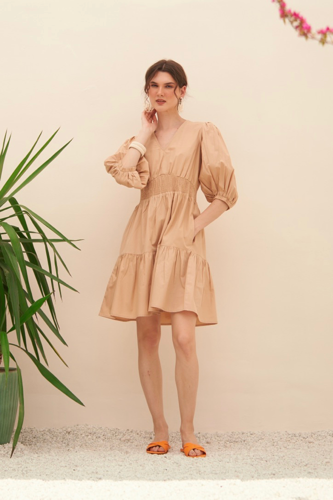 MALIBU LIGHT BROWN COTTON POPLIN KNEE LENGTH TIER SUMMER DRESS WITH ELBOW LENGTH SLEEVES AND POCKET
