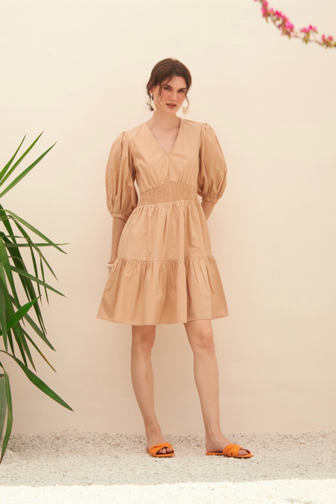 MALIBU LIGHT BROWN COTTON POPLIN KNEE LENGTH TIER SUMMER DRESS WITH ELBOW LENGTH SLEEVES AND POCKET