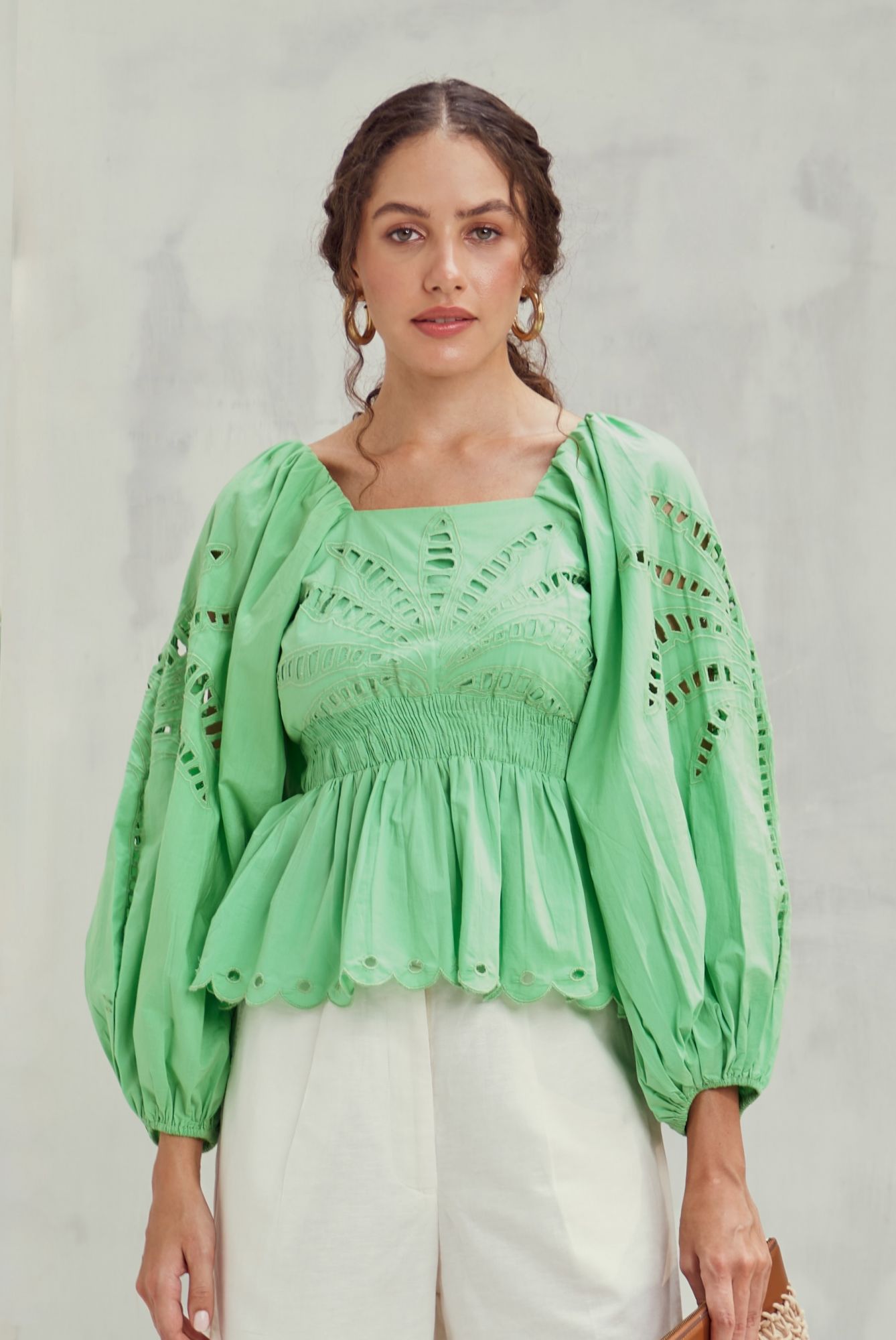 MALIBU-02 FERN GREEN COTTON POPLIN TOP WITH CUTWORK EMBROIDERY