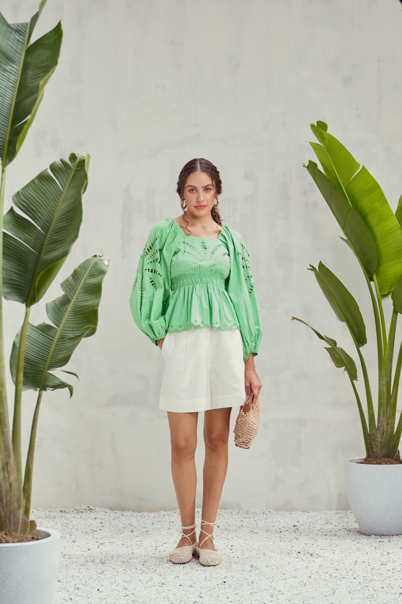 MALIBU-02 FERN GREEN COTTON POPLIN TOP WITH CUTWORK EMBROIDERY