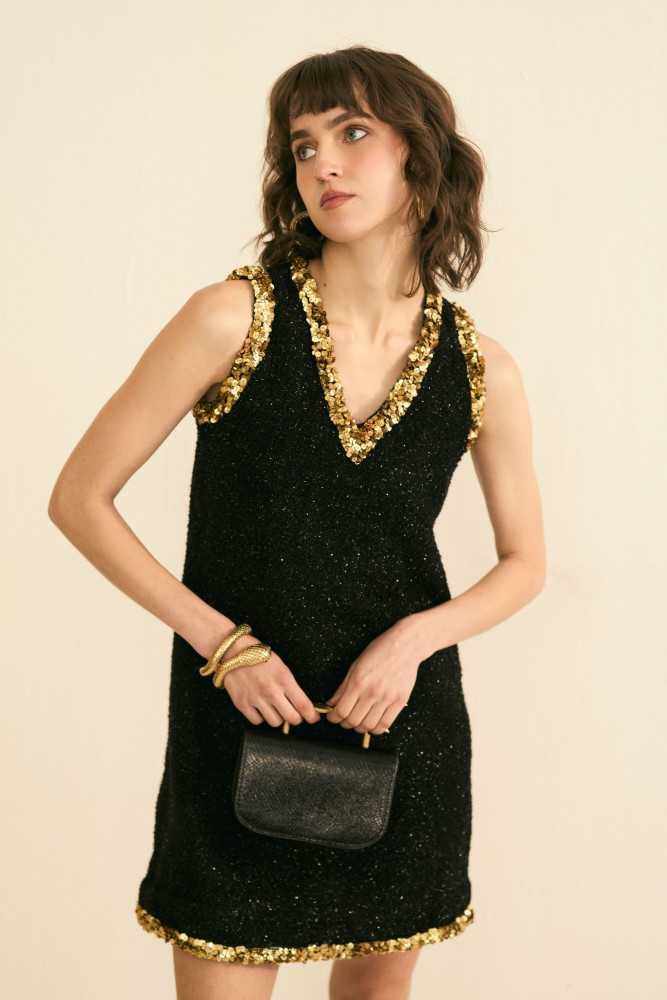 Image of SYLVIE BLACK LUMINOUS TWEED SLEEVELESS DRESS WITH GOLD SEUIN DETAILING
