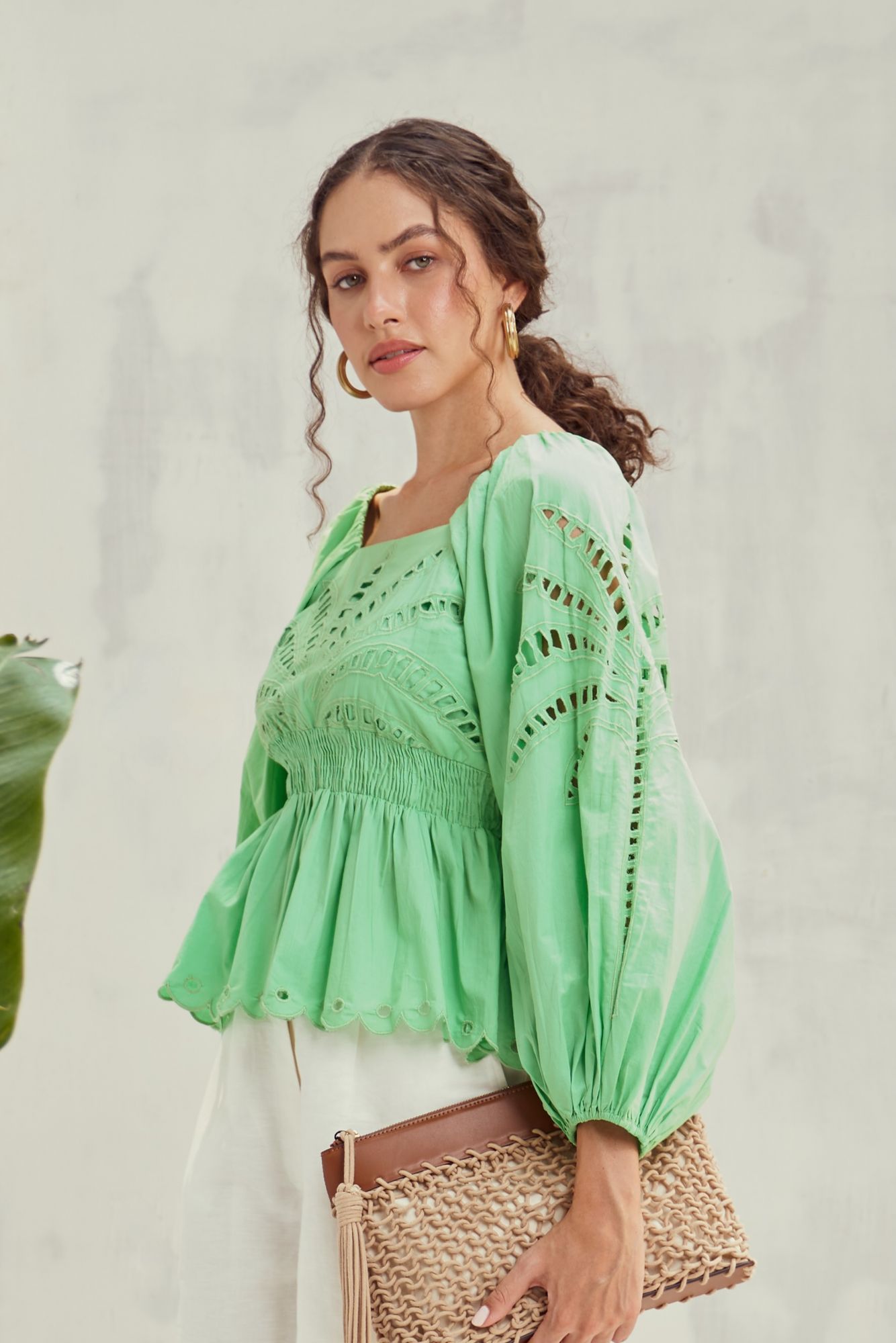 MALIBU-02 FERN GREEN COTTON POPLIN TOP WITH CUTWORK EMBROIDERY