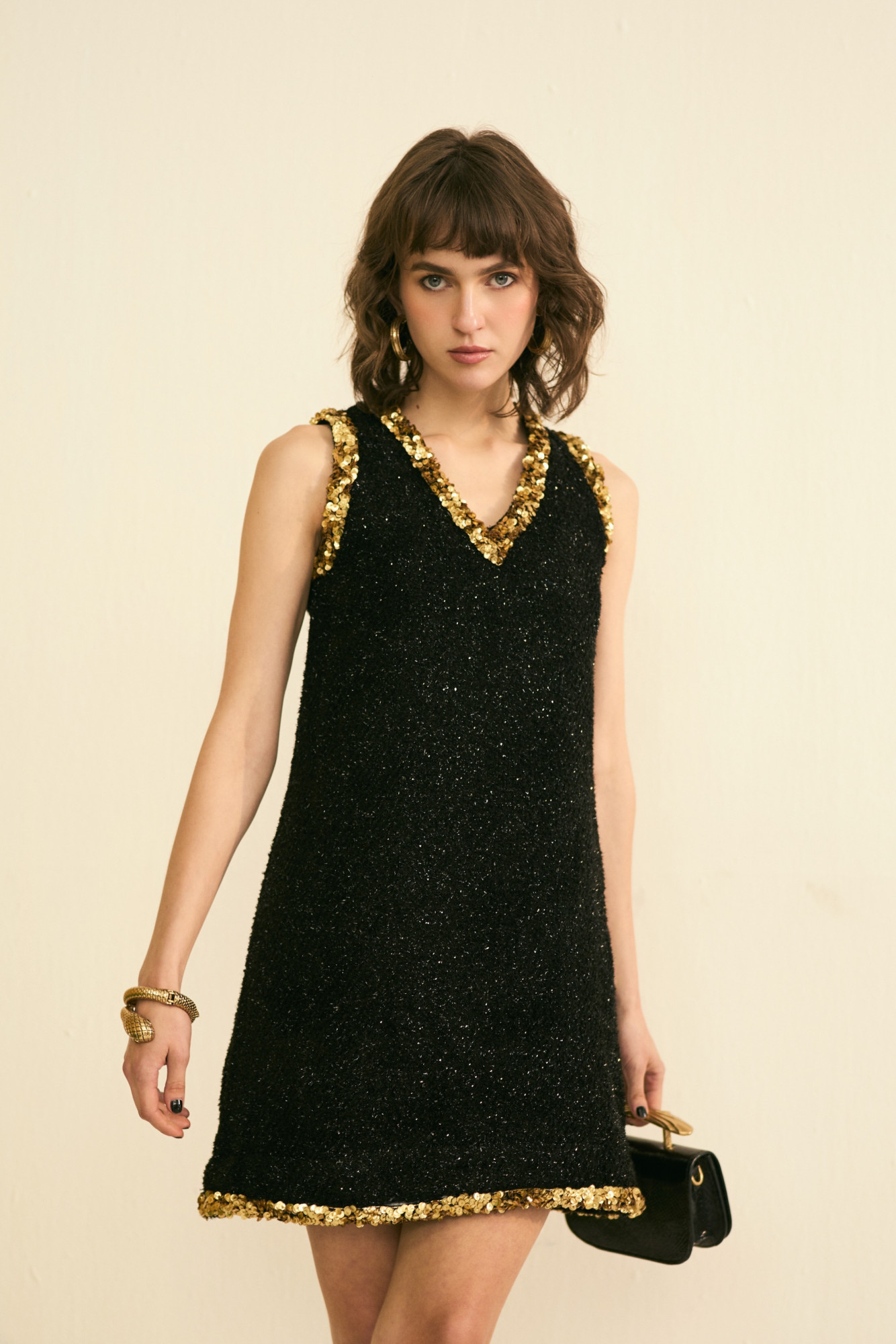 SYLVIE BLACK LUMINOUS TWEED SLEEVELESS DRESS WITH GOLD SEUIN DETAILING