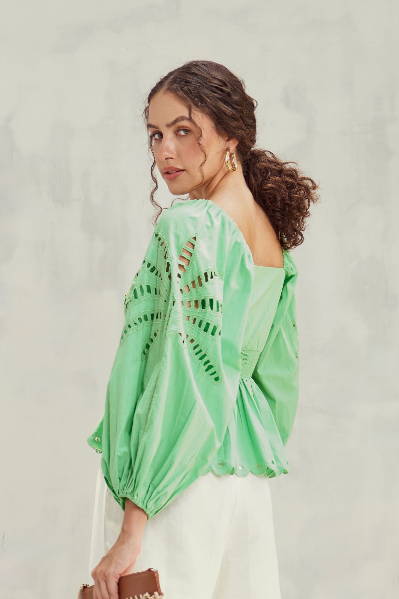 MALIBU-02 FERN GREEN COTTON POPLIN TOP WITH CUTWORK EMBROIDERY