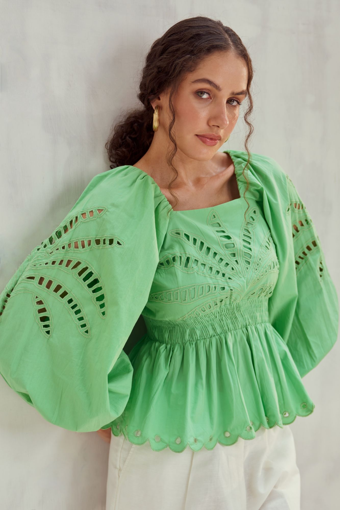 MALIBU-02 FERN GREEN COTTON POPLIN TOP WITH CUTWORK EMBROIDERY