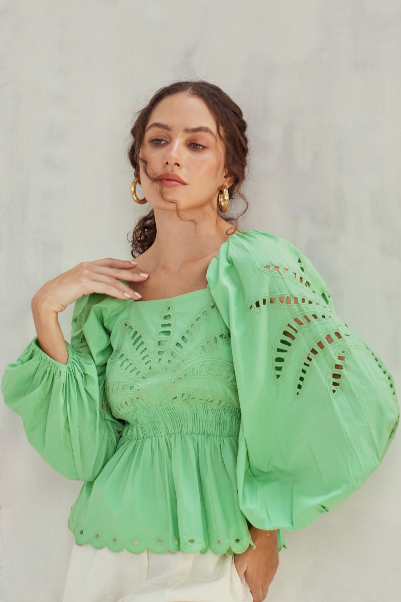 MALIBU-02 FERN GREEN COTTON POPLIN TOP WITH CUTWORK EMBROIDERY
