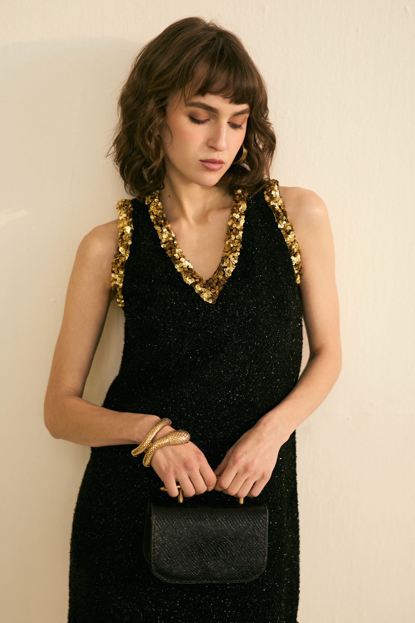 SYLVIE BLACK LUMINOUS TWEED SLEEVELESS DRESS WITH GOLD SEUIN DETAILING