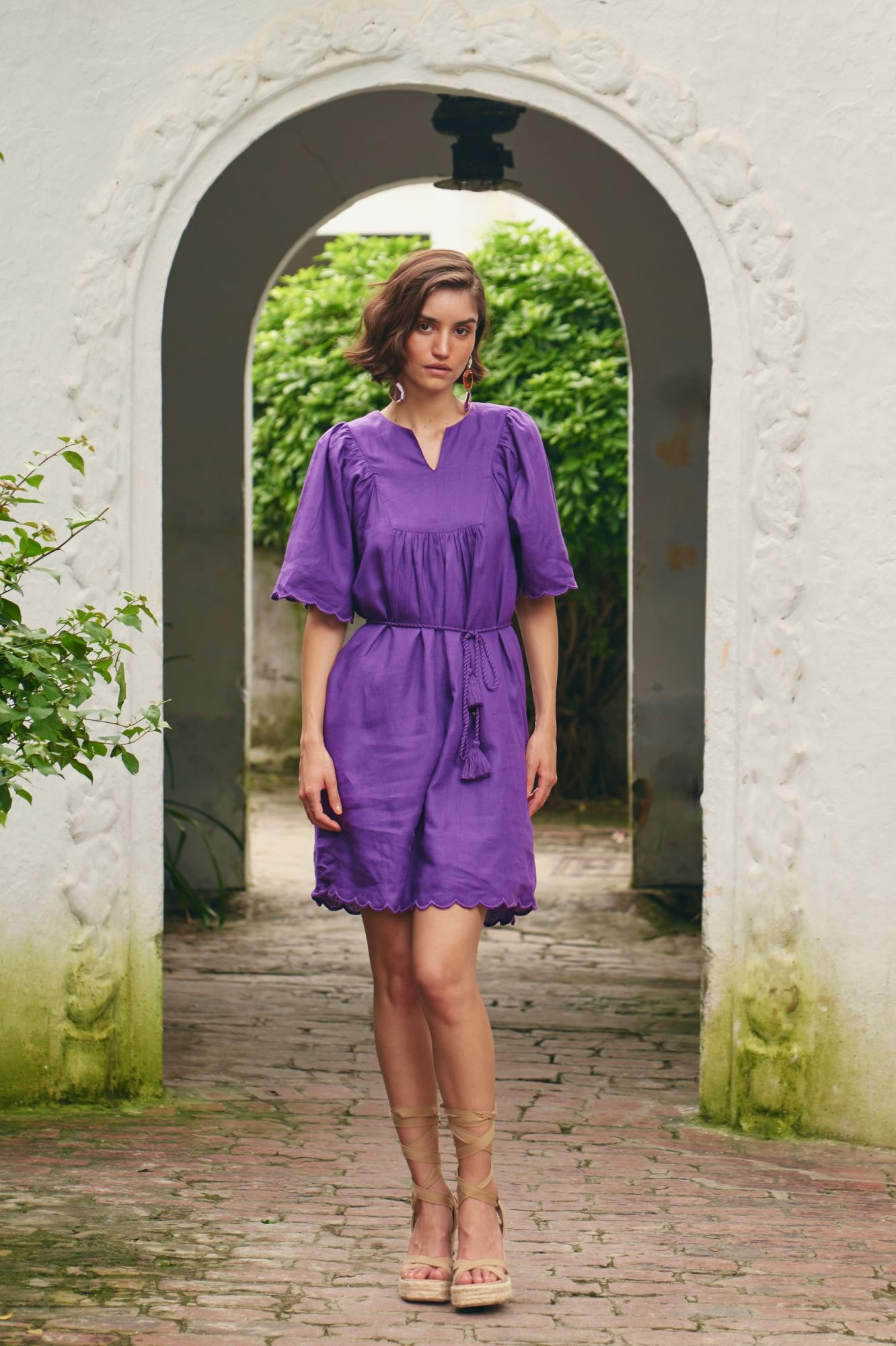 FLORENTINA SOLID PURPLE PURE LINEN FABRIC KNEE LENGTH SCALLOPED SLEEVES AND HEM SUMMER DRESS WITH WAIST SASH