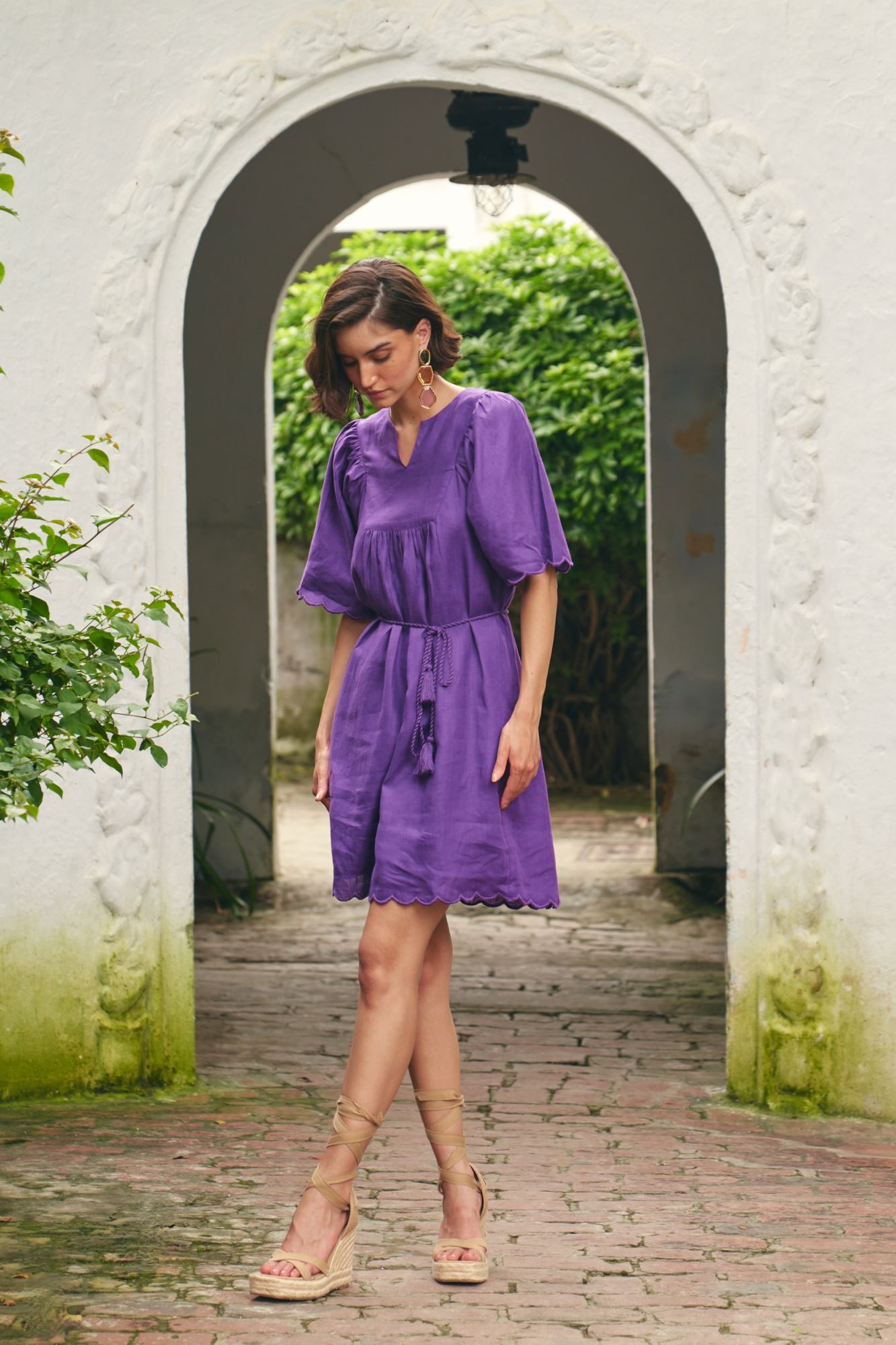 FLORENTINA SOLID PURPLE PURE LINEN FABRIC KNEE LENGTH SCALLOPED SLEEVES AND HEM SUMMER DRESS WITH WAIST SASH