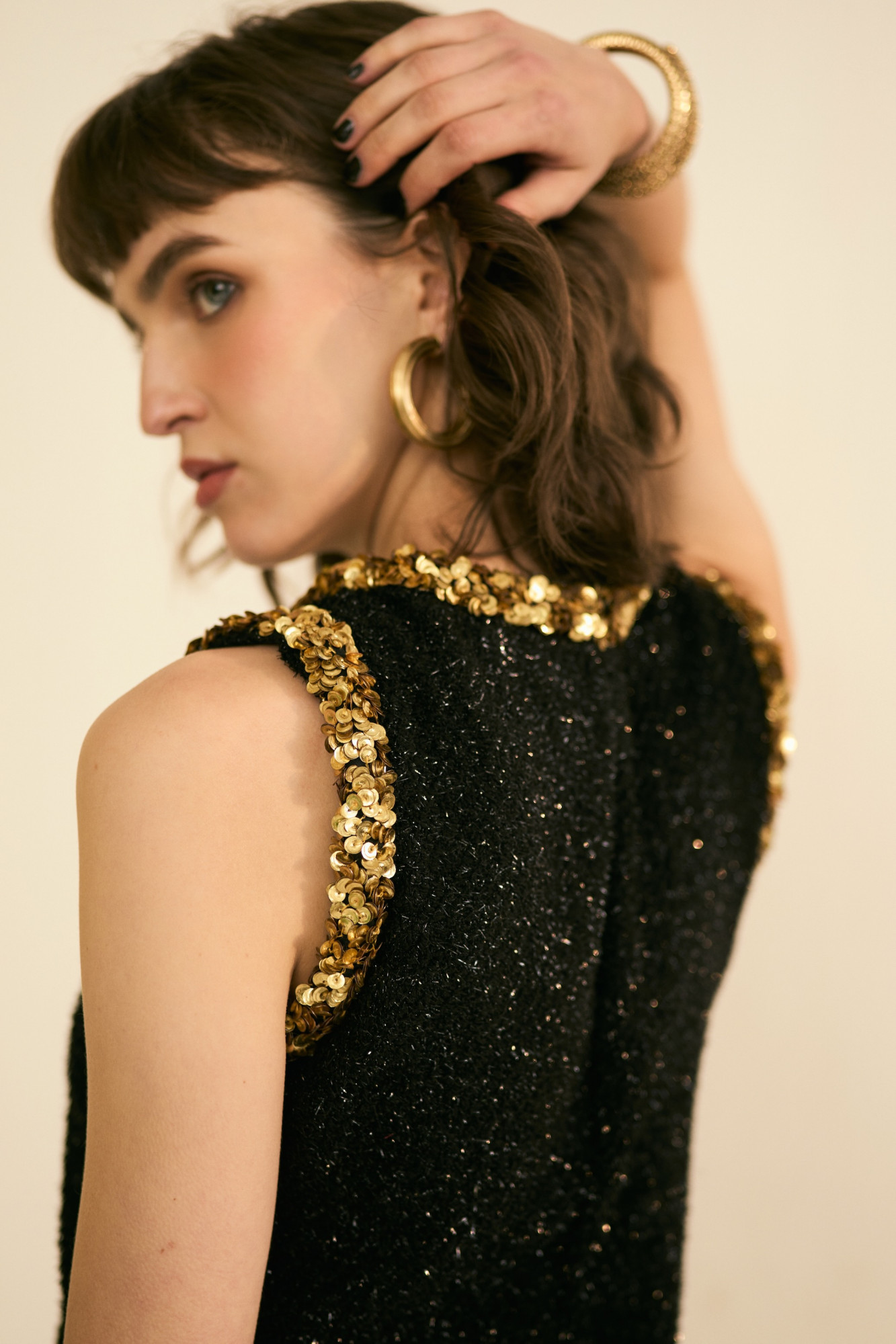 SYLVIE BLACK LUMINOUS TWEED SLEEVELESS DRESS WITH GOLD SEUIN DETAILING