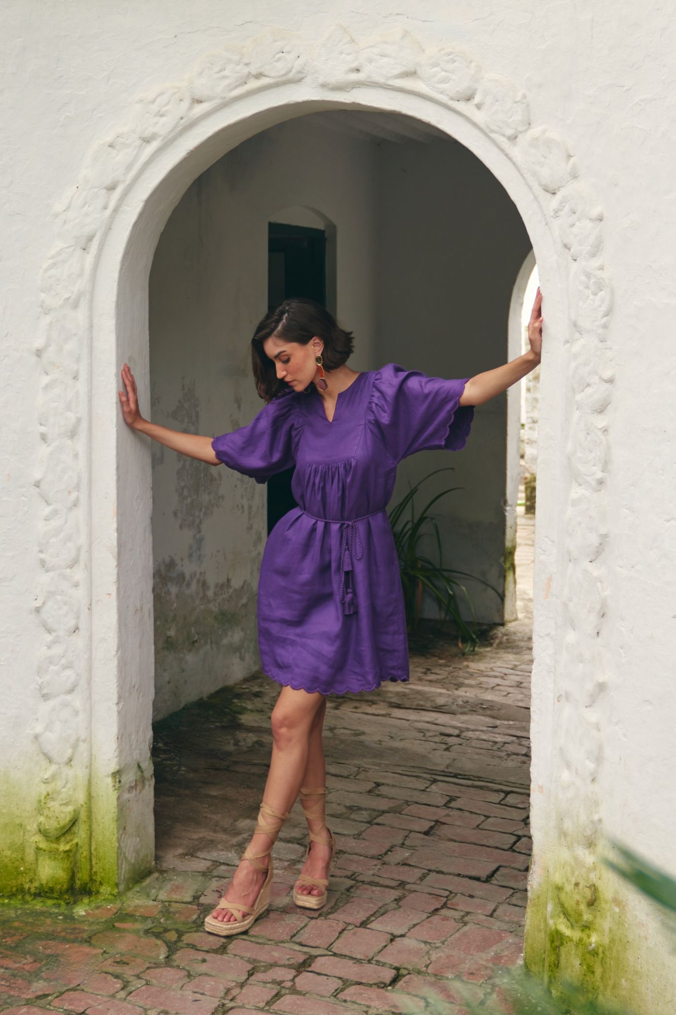 FLORENTINA SOLID PURPLE PURE LINEN FABRIC KNEE LENGTH SCALLOPED SLEEVES AND HEM SUMMER DRESS WITH WAIST SASH