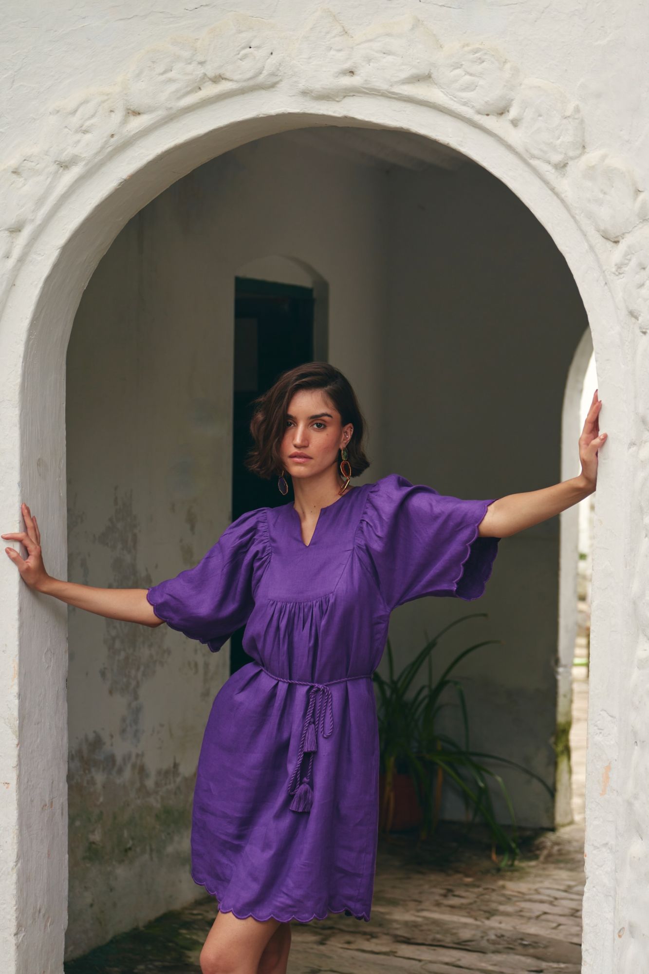 FLORENTINA SOLID PURPLE PURE LINEN FABRIC KNEE LENGTH SCALLOPED SLEEVES AND HEM SUMMER DRESS WITH WAIST SASH