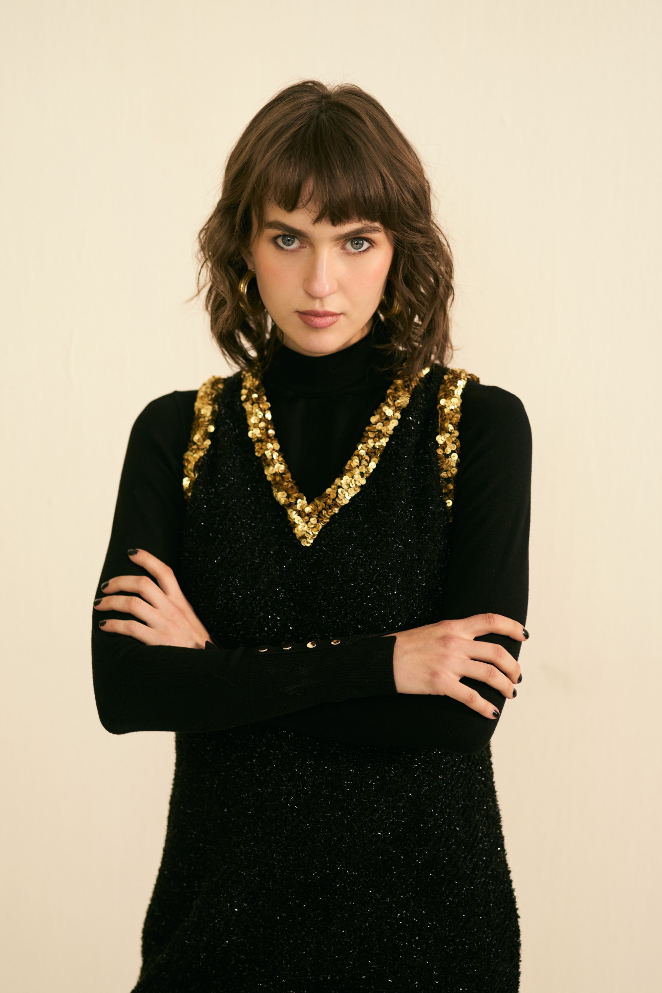 SYLVIE BLACK LUMINOUS TWEED SLEEVELESS DRESS WITH GOLD SEUIN DETAILING