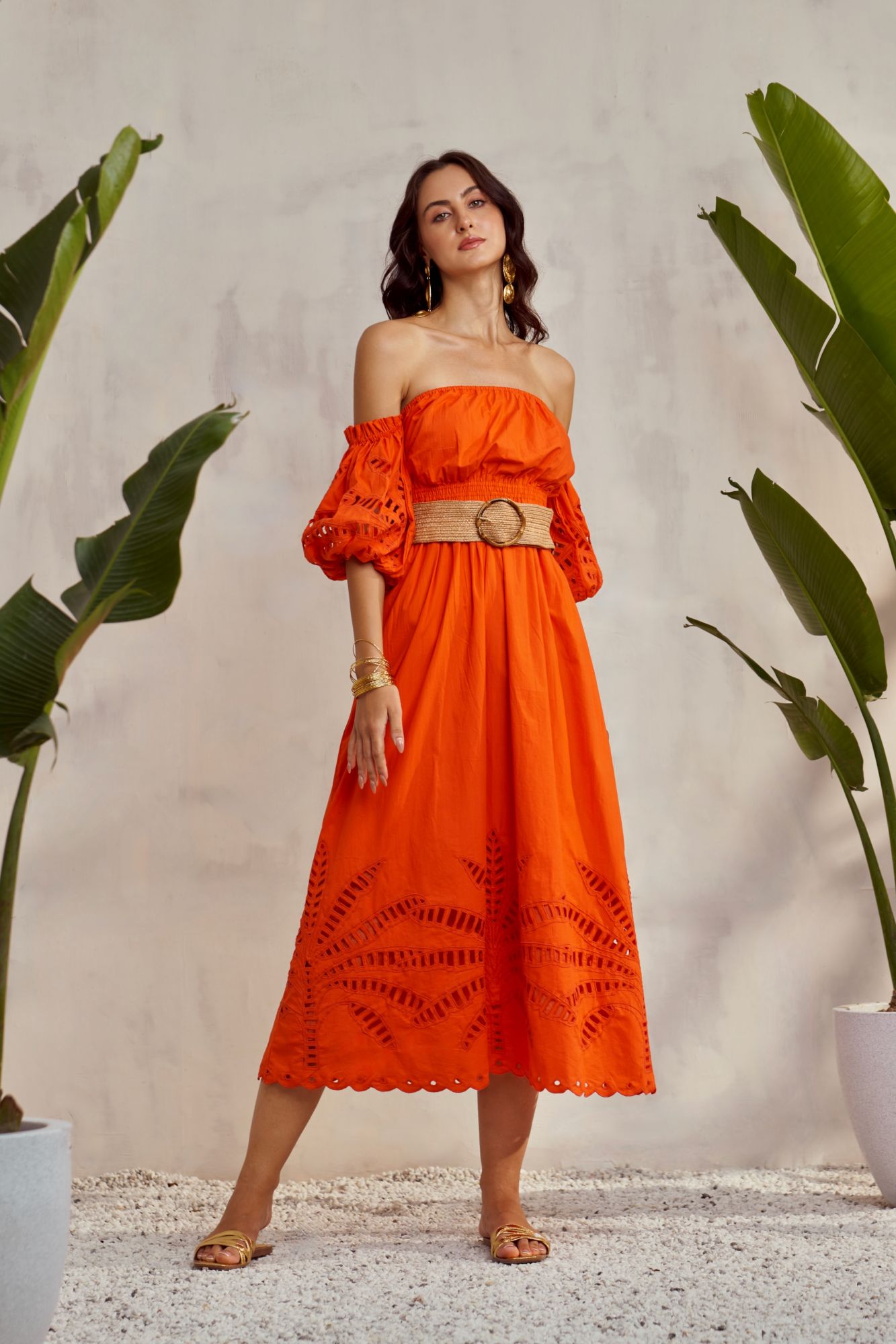 MALIBU-02 ORANGE COLOR COTTON OFF SHOULDER MIDI LENGTH DRESS WITH CUTWORK EMBROIDERY