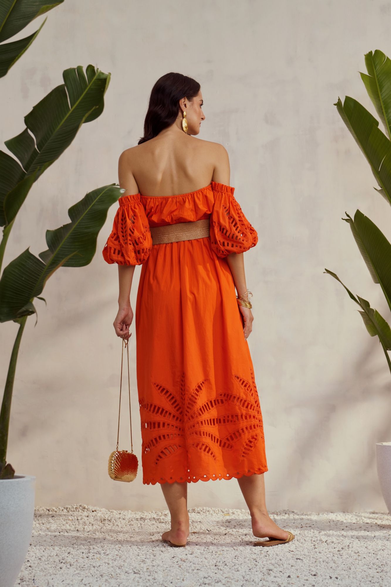 MALIBU-02 ORANGE COLOR COTTON OFF SHOULDER MIDI LENGTH DRESS WITH CUTWORK EMBROIDERY