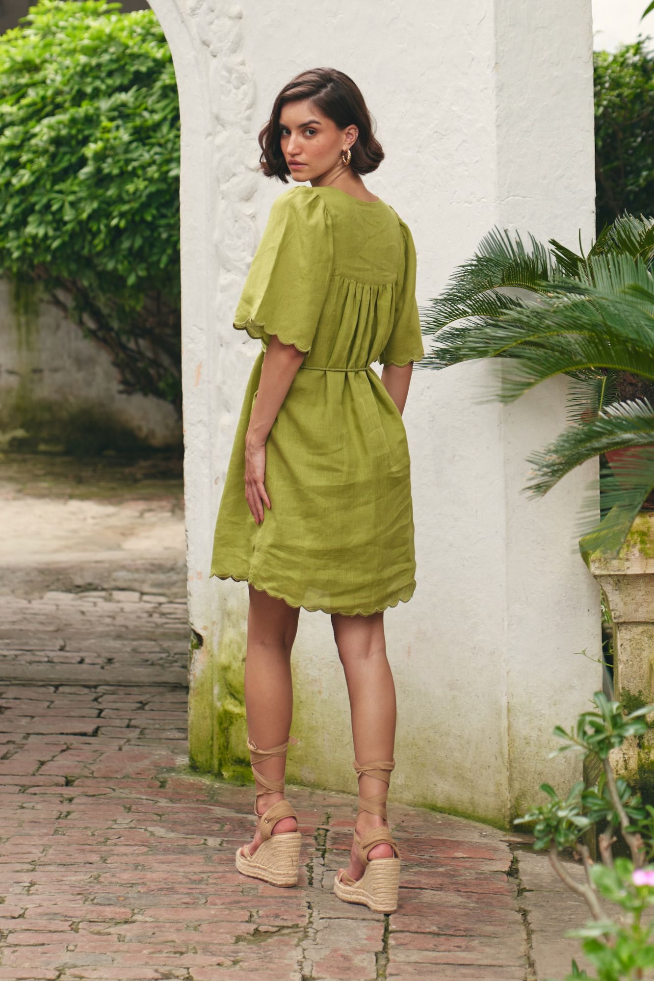 FLORENTINA SOLID OLIVE PURE LINEN SCALLOPED SLEEVES AND HEM SUMMER DRESS WITH THREAD DORI WAIST TIE