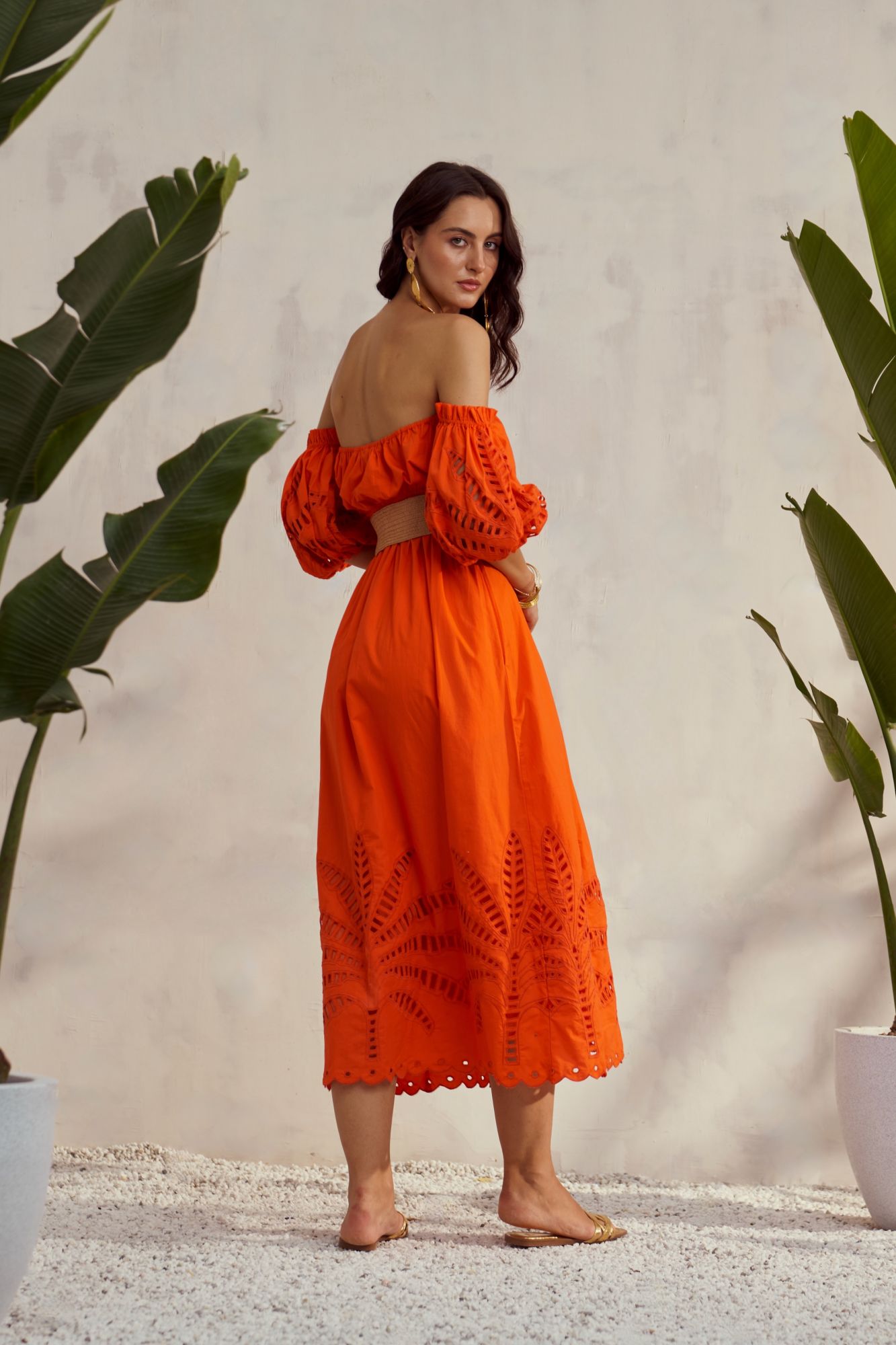 MALIBU-02 ORANGE COLOR COTTON OFF SHOULDER MIDI LENGTH DRESS WITH CUTWORK EMBROIDERY