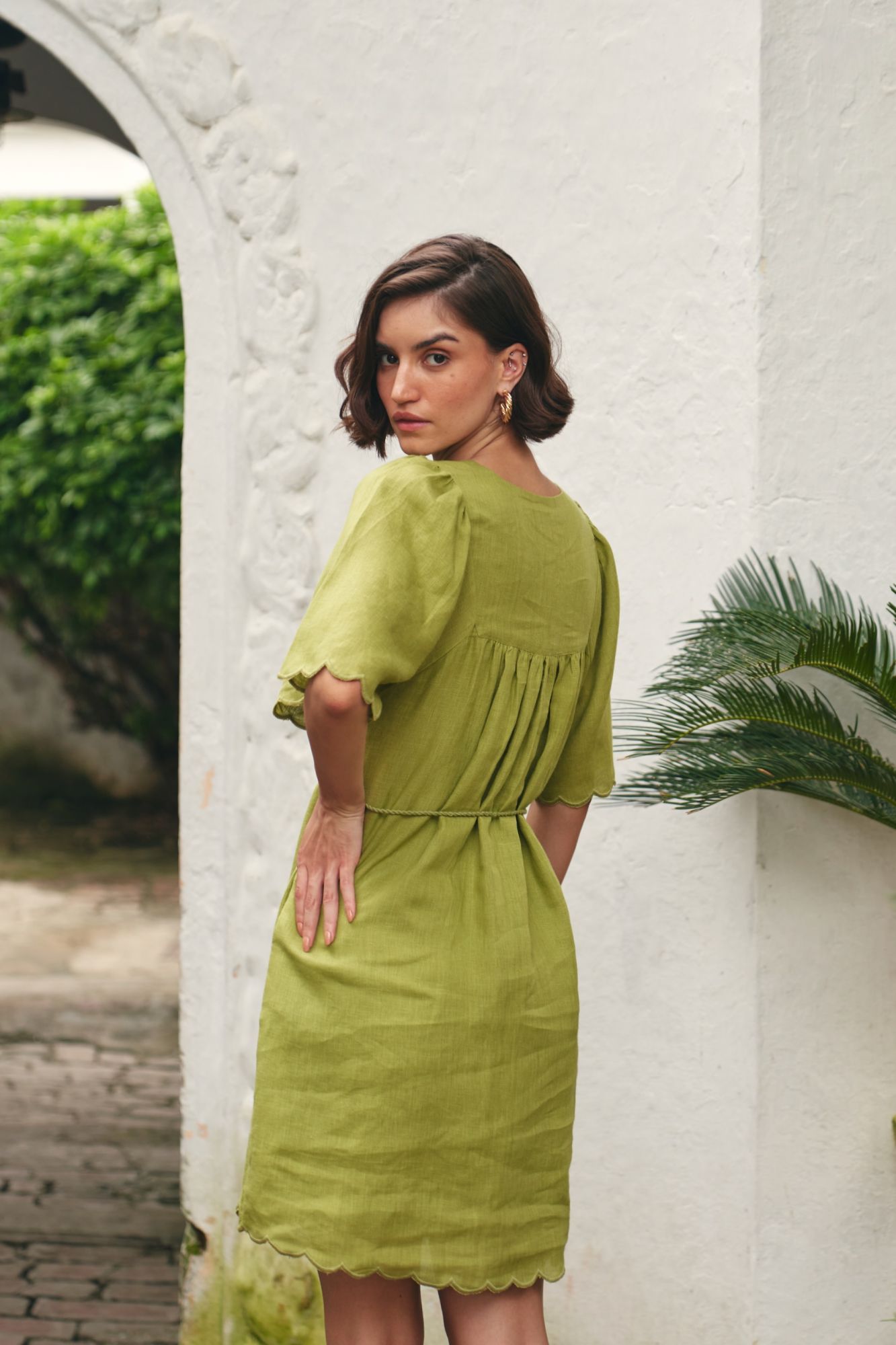 FLORENTINA SOLID OLIVE PURE LINEN SCALLOPED SLEEVES AND HEM SUMMER DRESS WITH THREAD DORI WAIST TIE