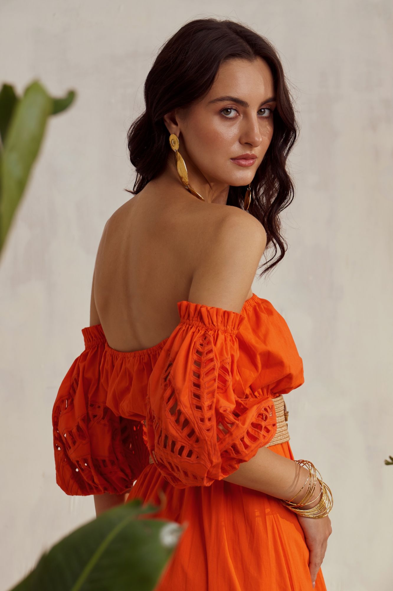 MALIBU-02 ORANGE COLOR COTTON OFF SHOULDER MIDI LENGTH DRESS WITH CUTWORK EMBROIDERY