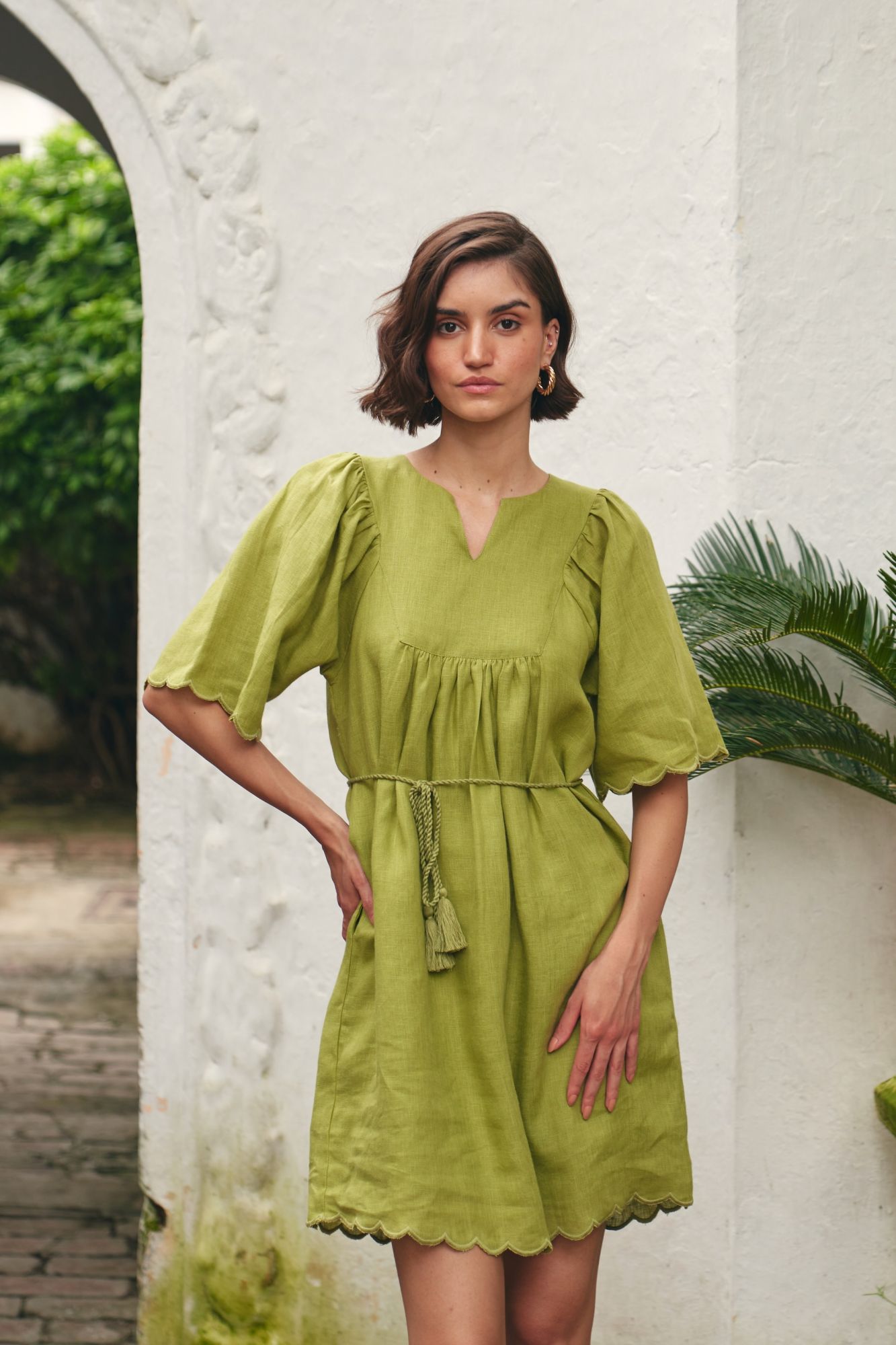 FLORENTINA SOLID OLIVE PURE LINEN SCALLOPED SLEEVES AND HEM SUMMER DRESS WITH THREAD DORI WAIST TIE