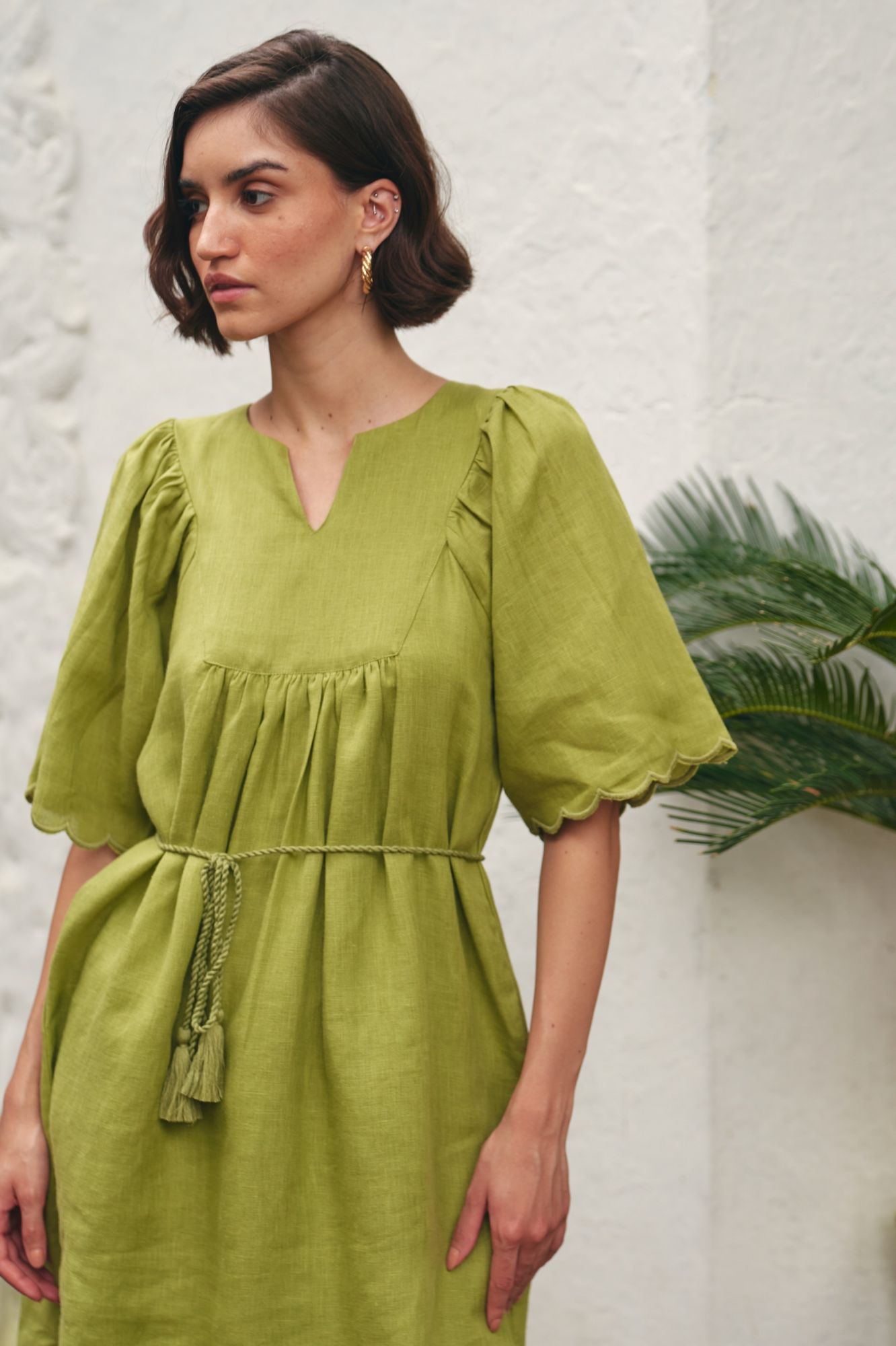 FLORENTINA SOLID OLIVE PURE LINEN SCALLOPED SLEEVES AND HEM SUMMER DRESS WITH THREAD DORI WAIST TIE