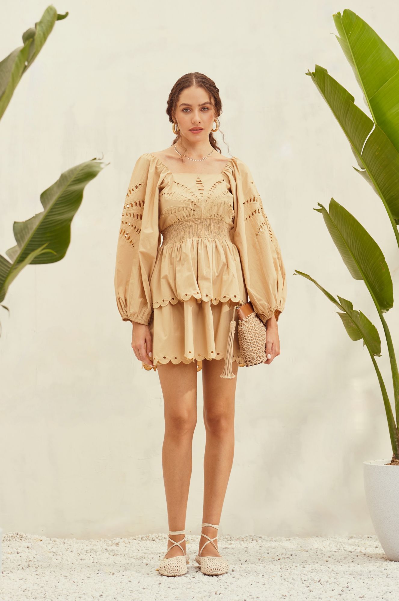 MALIBU-02 LIGHT TAN COLOR COTTON THIGH LENGTH LAYERED FULL SLEEVES DRESS WITH CUTWORK EMBROIDERY