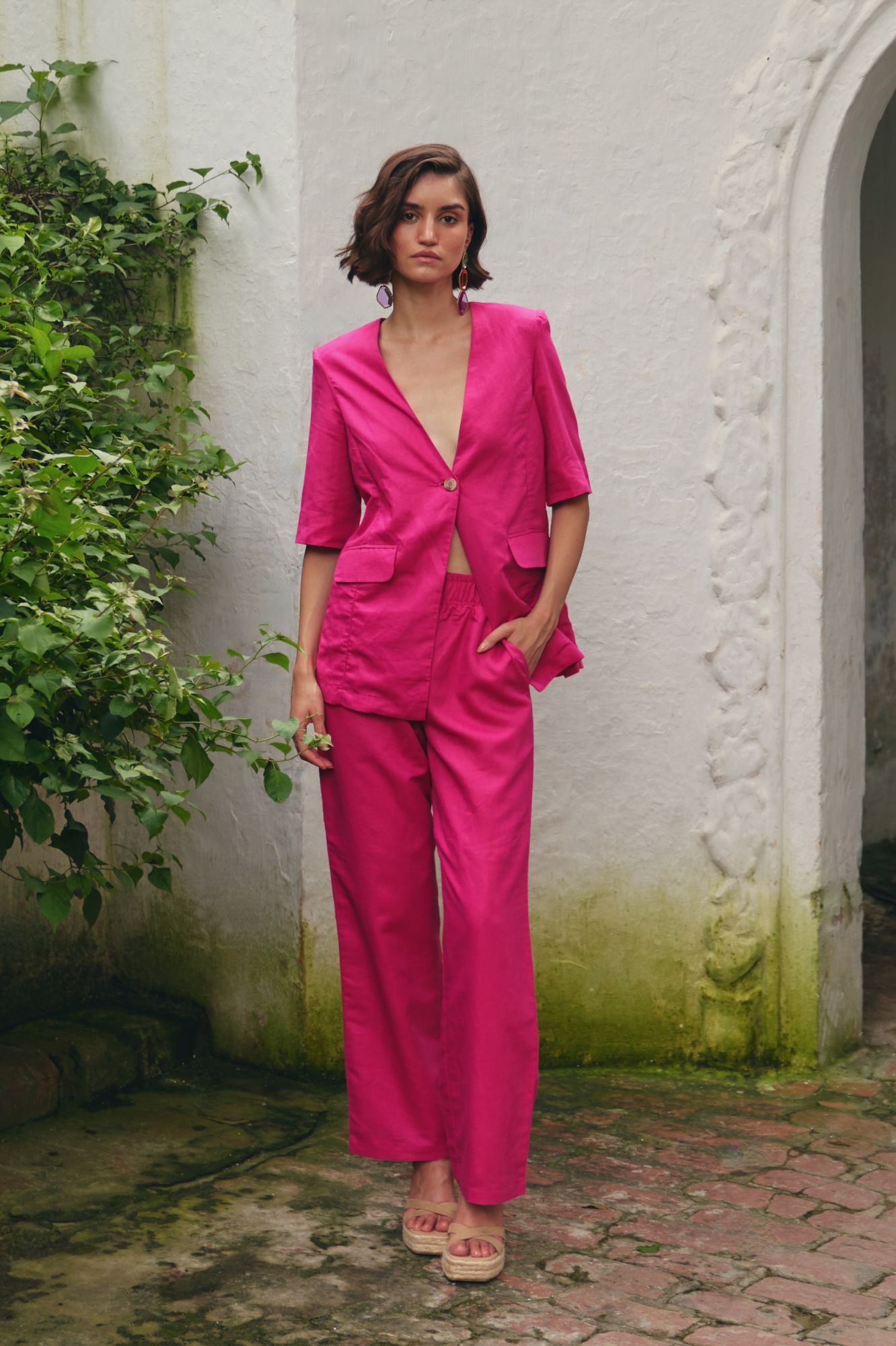FLORENTINA SOLID FUCHSIA PINK HALF SLEEVES JACKET AND LINED PANTS SUMMER CO-ORDINATE