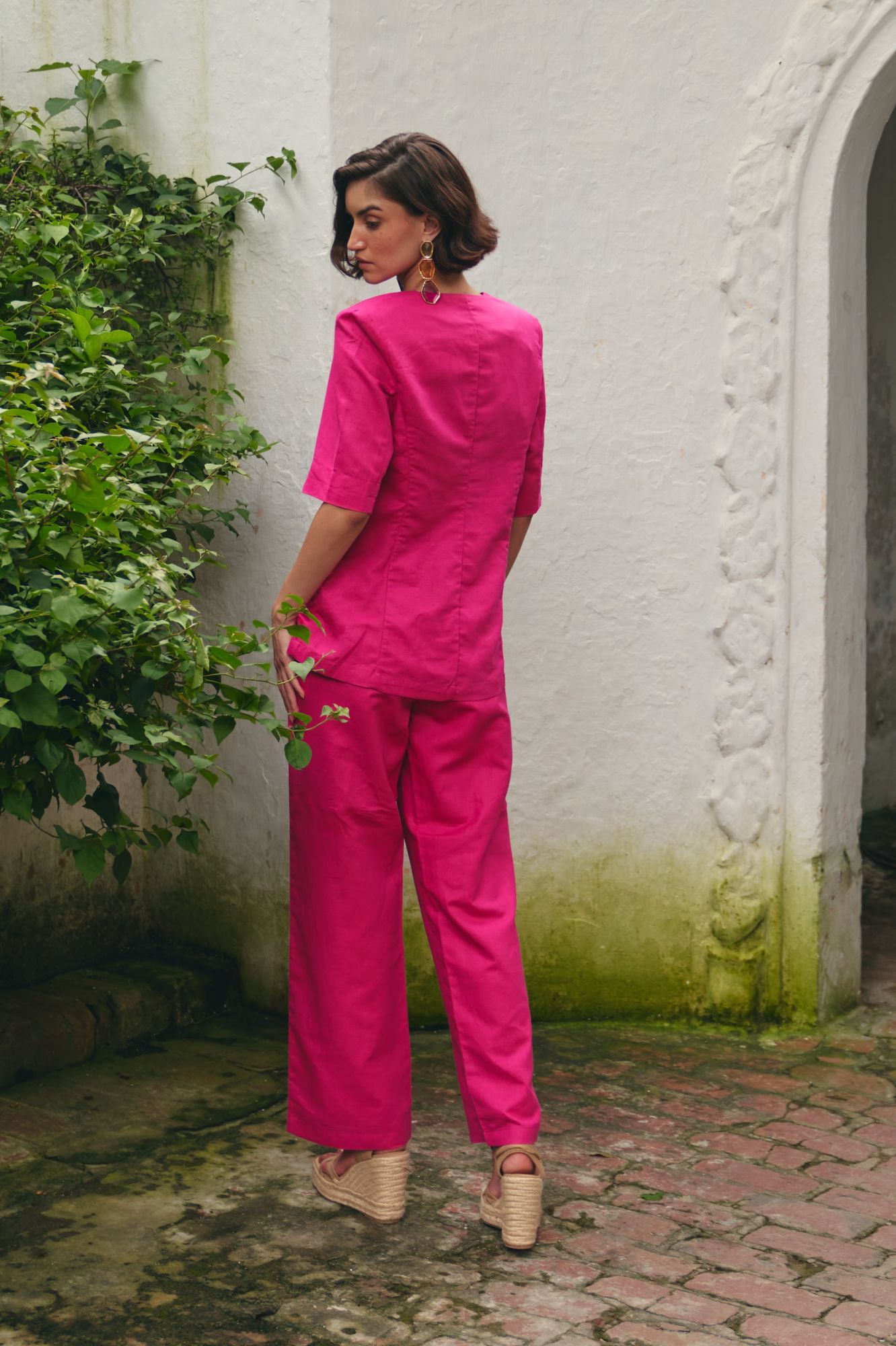 FLORENTINA SOLID FUCHSIA PINK HALF SLEEVES JACKET AND LINED PANTS SUMMER CO-ORDINATE
