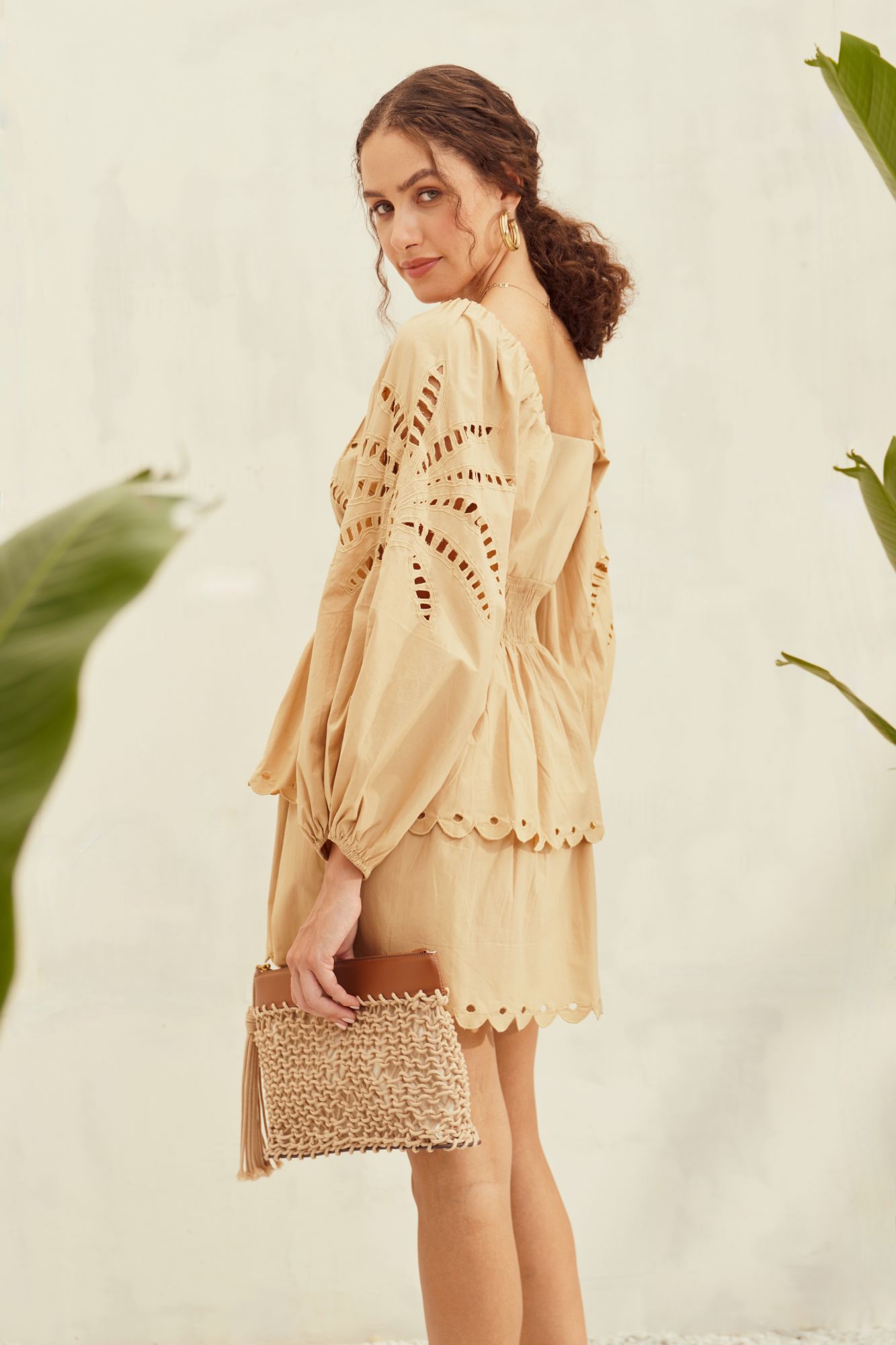 MALIBU-02 LIGHT TAN COLOR COTTON THIGH LENGTH LAYERED FULL SLEEVES DRESS WITH CUTWORK EMBROIDERY