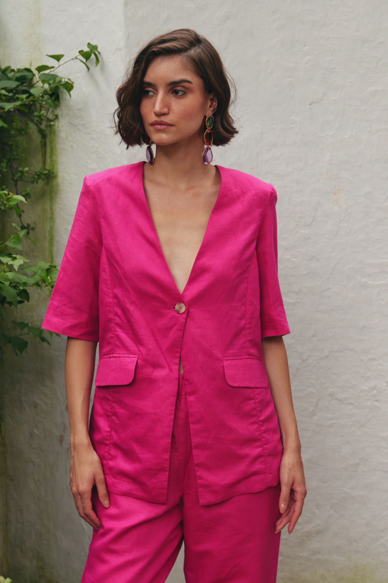 FLORENTINA SOLID FUCHSIA PINK HALF SLEEVES JACKET AND LINED PANTS SUMMER CO-ORDINATE