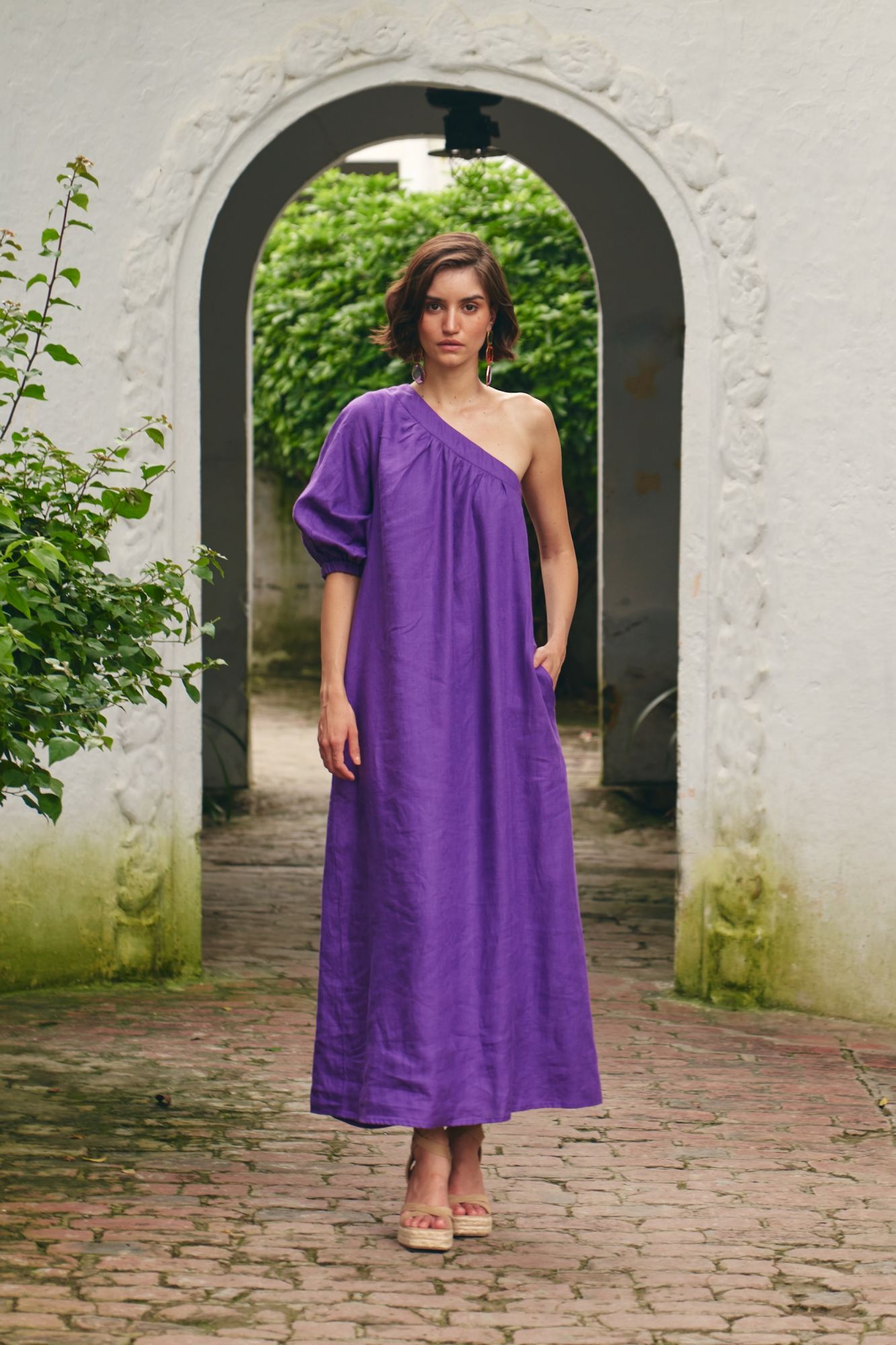 FLORENTINA SOLID PURPLE PURE LINEN FULLY LINED ONE SIDE SHOULDER MIDI LENGTH DRESS