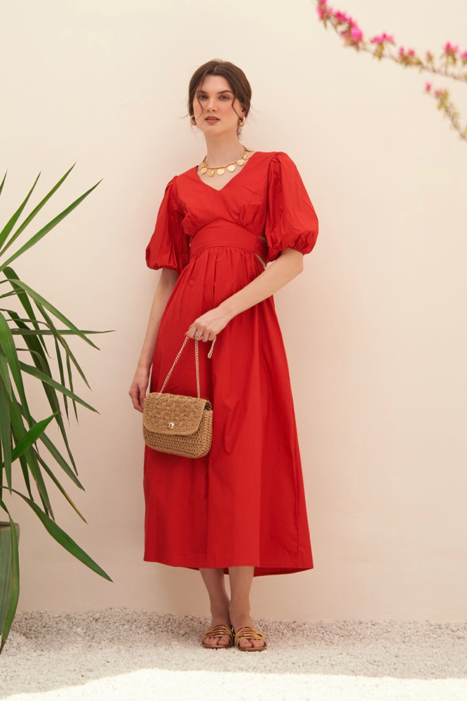 MALIBU COTTON POPLIN RED COLOR MIDI LENGTH SUMMER DRESS WITH ELBOW LENGTH SLEEVES BACK WAIST CUT