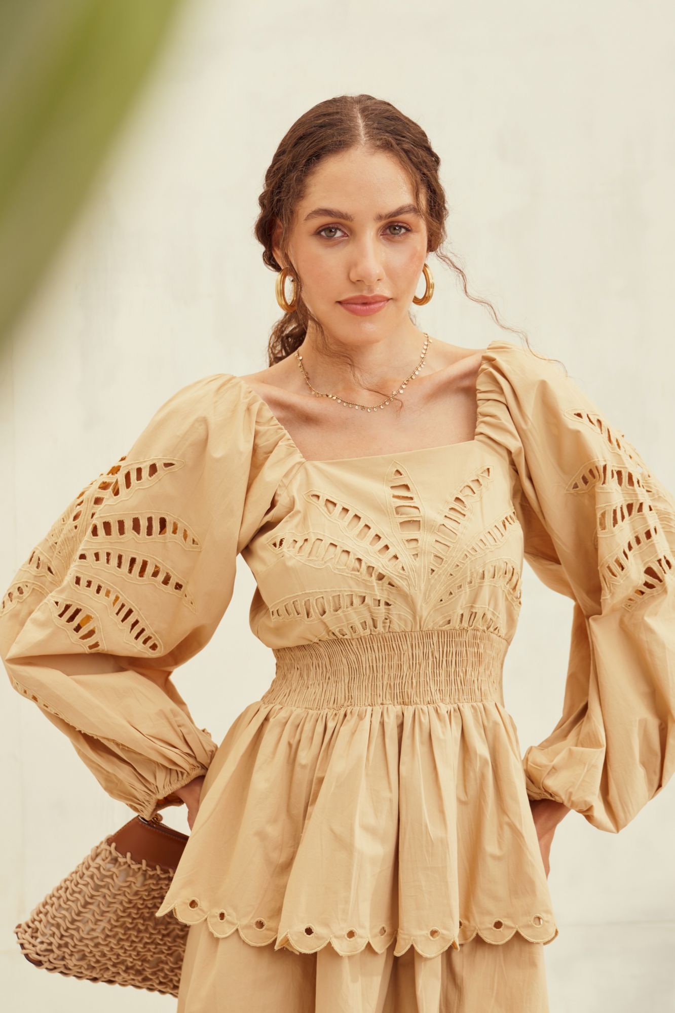 MALIBU-02 LIGHT TAN COLOR COTTON THIGH LENGTH LAYERED FULL SLEEVES DRESS WITH CUTWORK EMBROIDERY